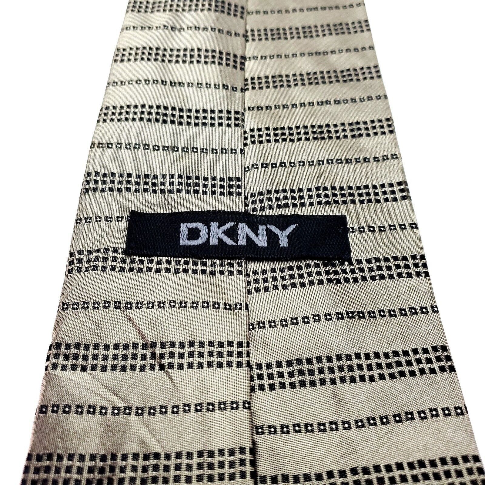 DKNY DKNY Silk Tie Tan Black Abstract Side Striped Short Wide Size ONE SIZE - 4 Thumbnail