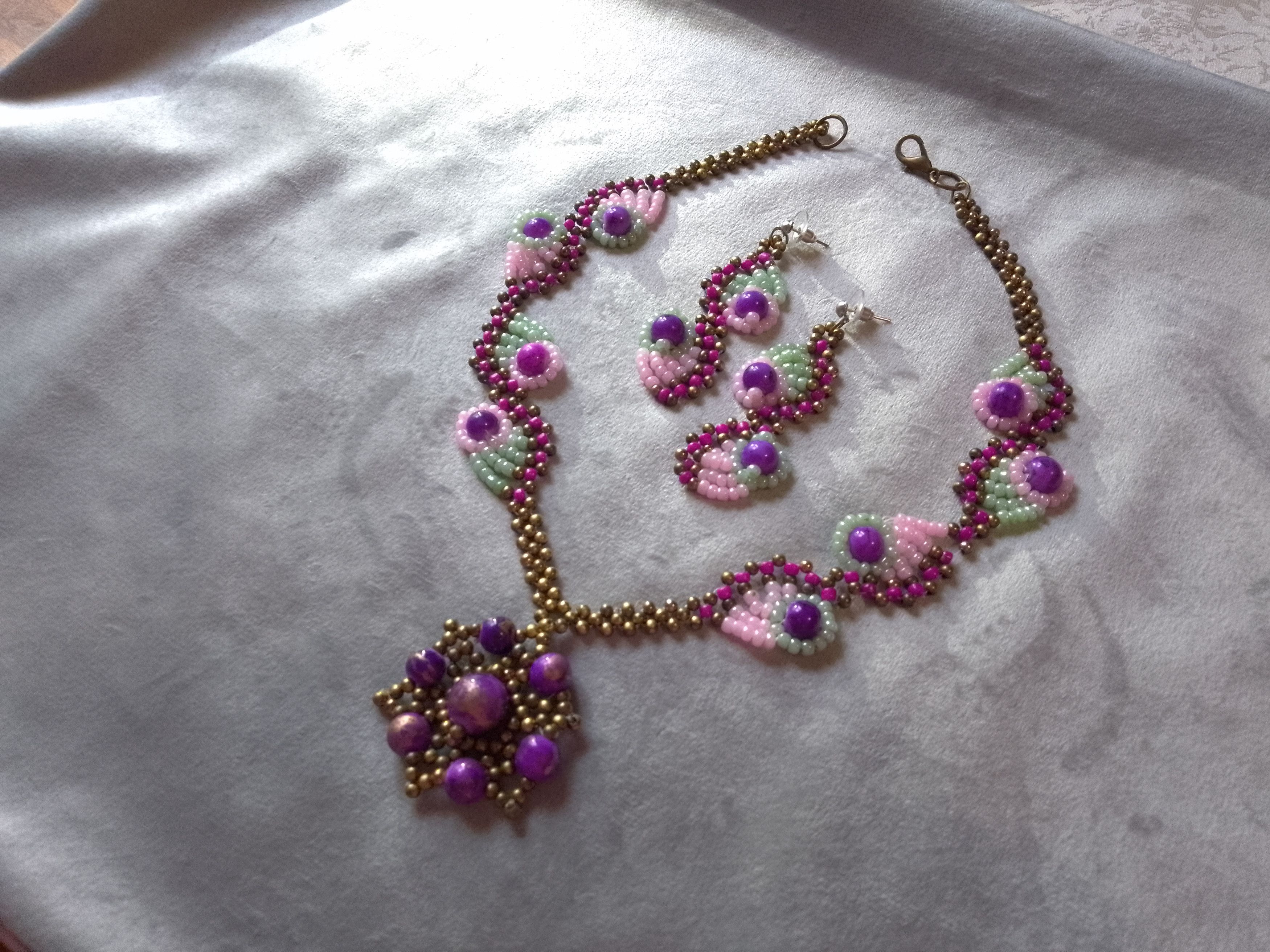 Handmade Necklace. Vintage, antique brass purple pearls. Earrings Size ONE SIZE - 2 Thumbnail