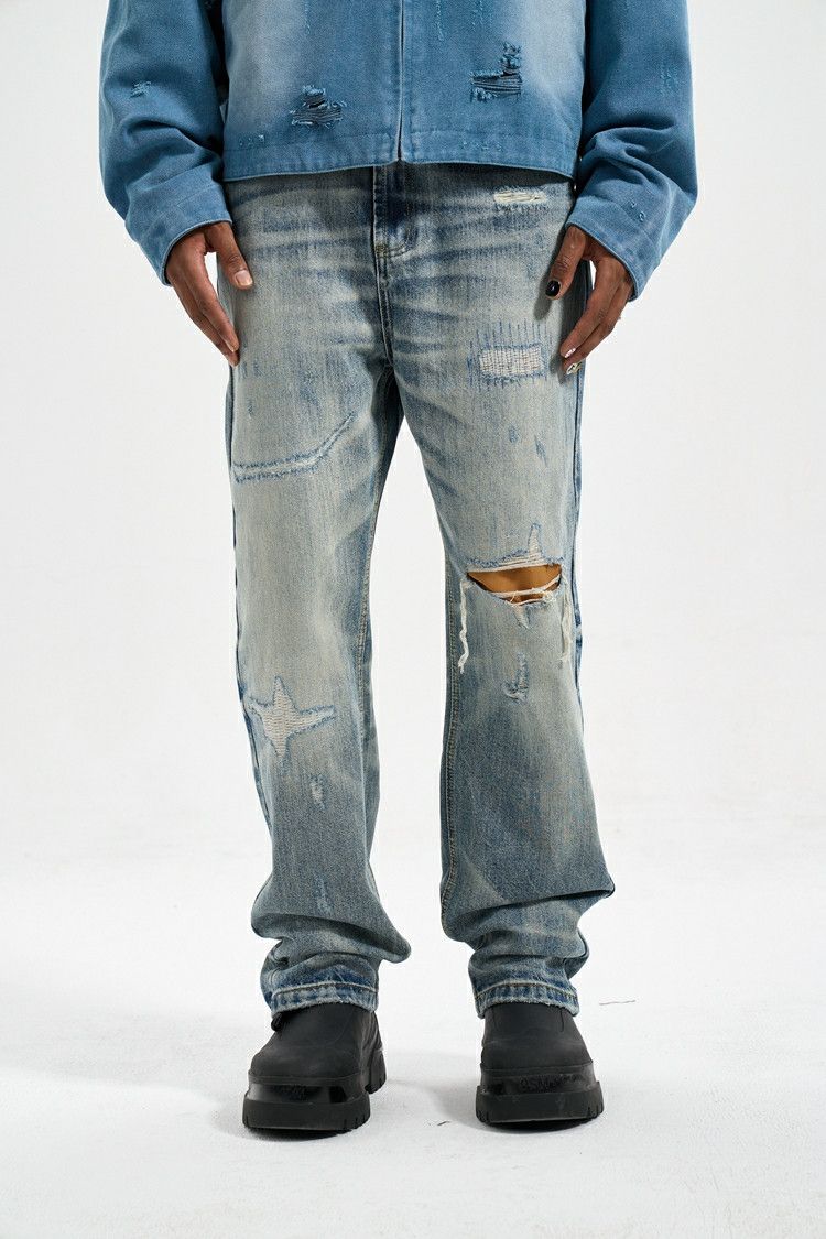 washed faded patch hiphop ripped jeans
