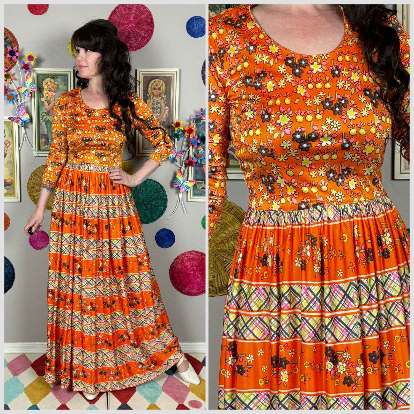 Vintage 1960s Orange Floral and Striped Long Sleeve Maxi Dress Size XS / US 0-2 / IT 36-38 - 1 Thumbnail