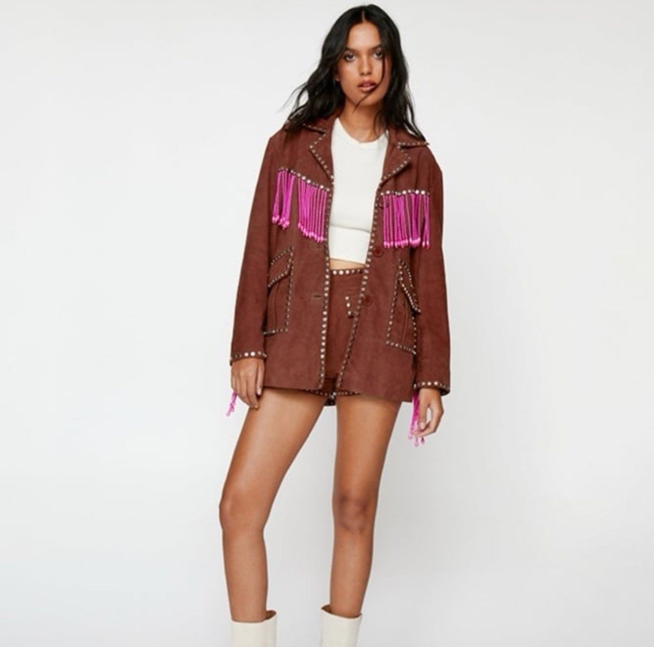 Nasty Gal Nasty Gal Womens Real Suede Embroidered Back Fringe Jacket Size M / US 6-8 / IT 42-44 - 2 Thumbnail
