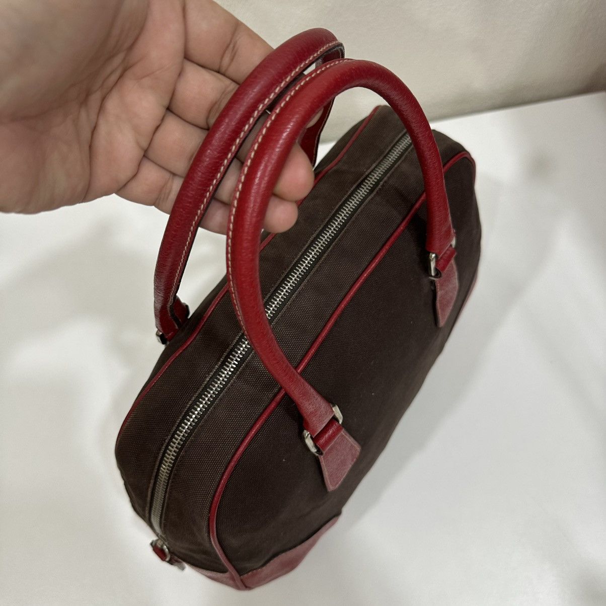 Prada PRADA BOWLING MINI BOSTON BAG BROWN CANVAS RED TRIM LEATHER Size ONE SIZE - 6 Thumbnail