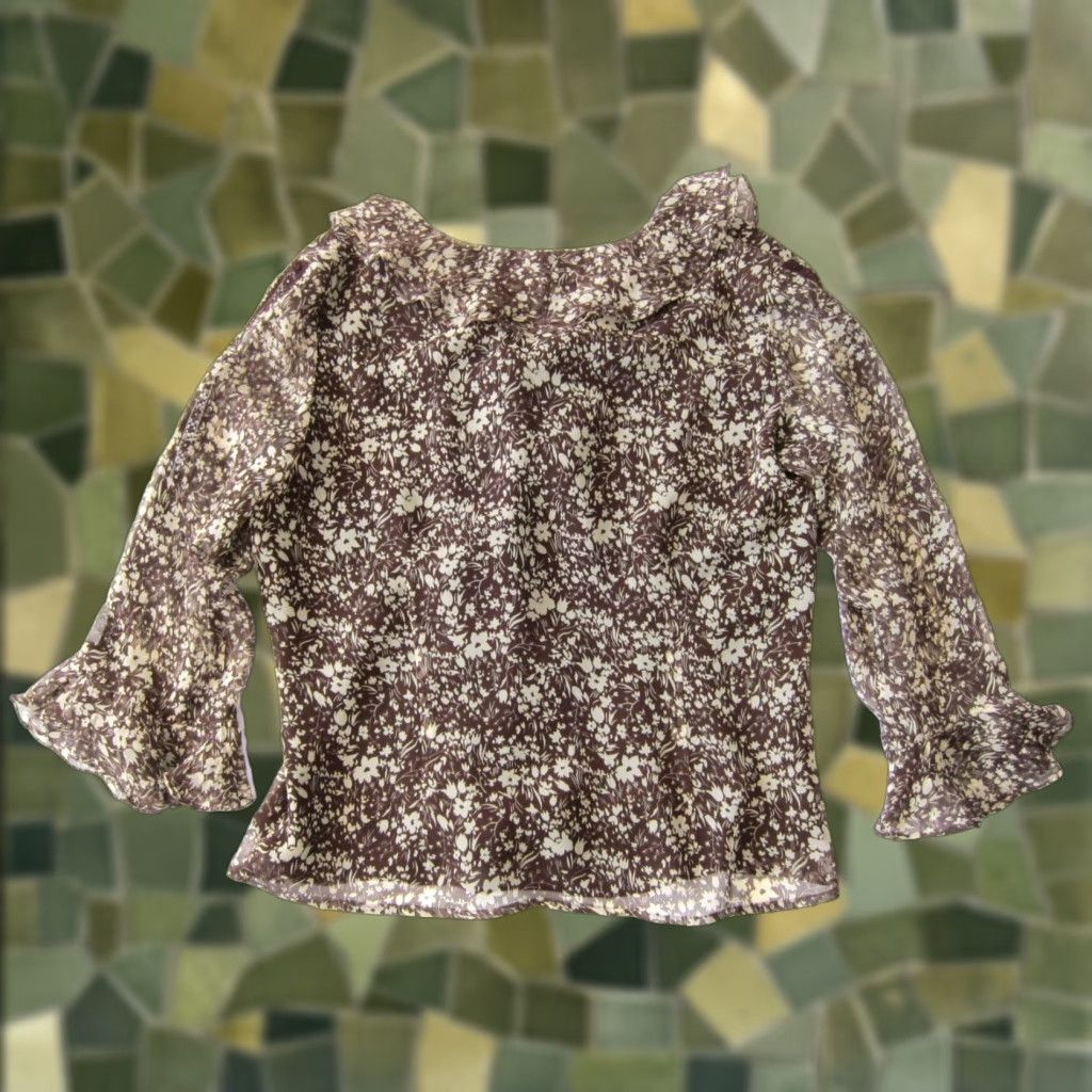 Vintage Richard Malcolm 100% Silk Ivory Brown Floral Ruffle Button Down Blouse Small Size S / US 4 / IT 40 - 1 Thumbnail