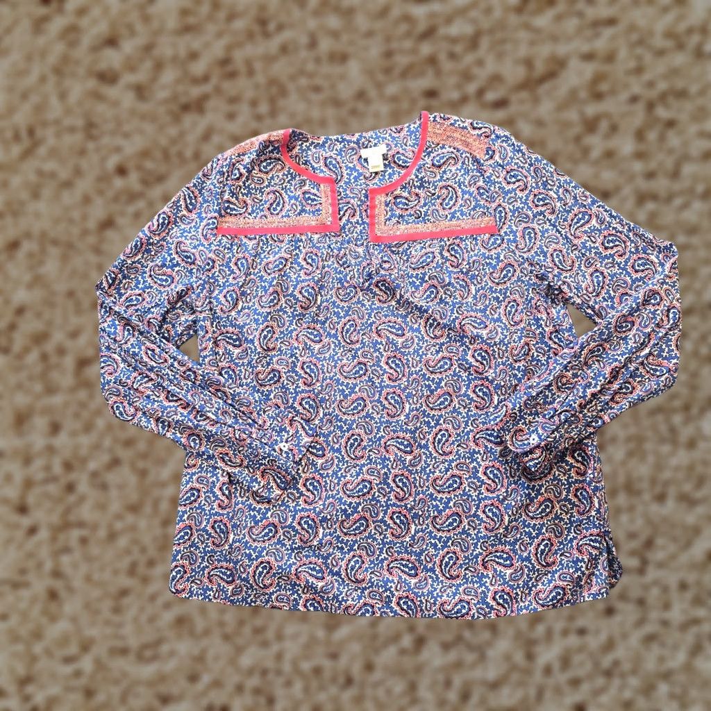 J.Crew J.CREW Blouse Womens Size 8 Long Sleeve Round Neck Paisley Floral Blue Pink Casual Popover Lightweight Spring Summer Regular Women Size M / US 6-8 / IT 42-44 - 1 Thumbnail