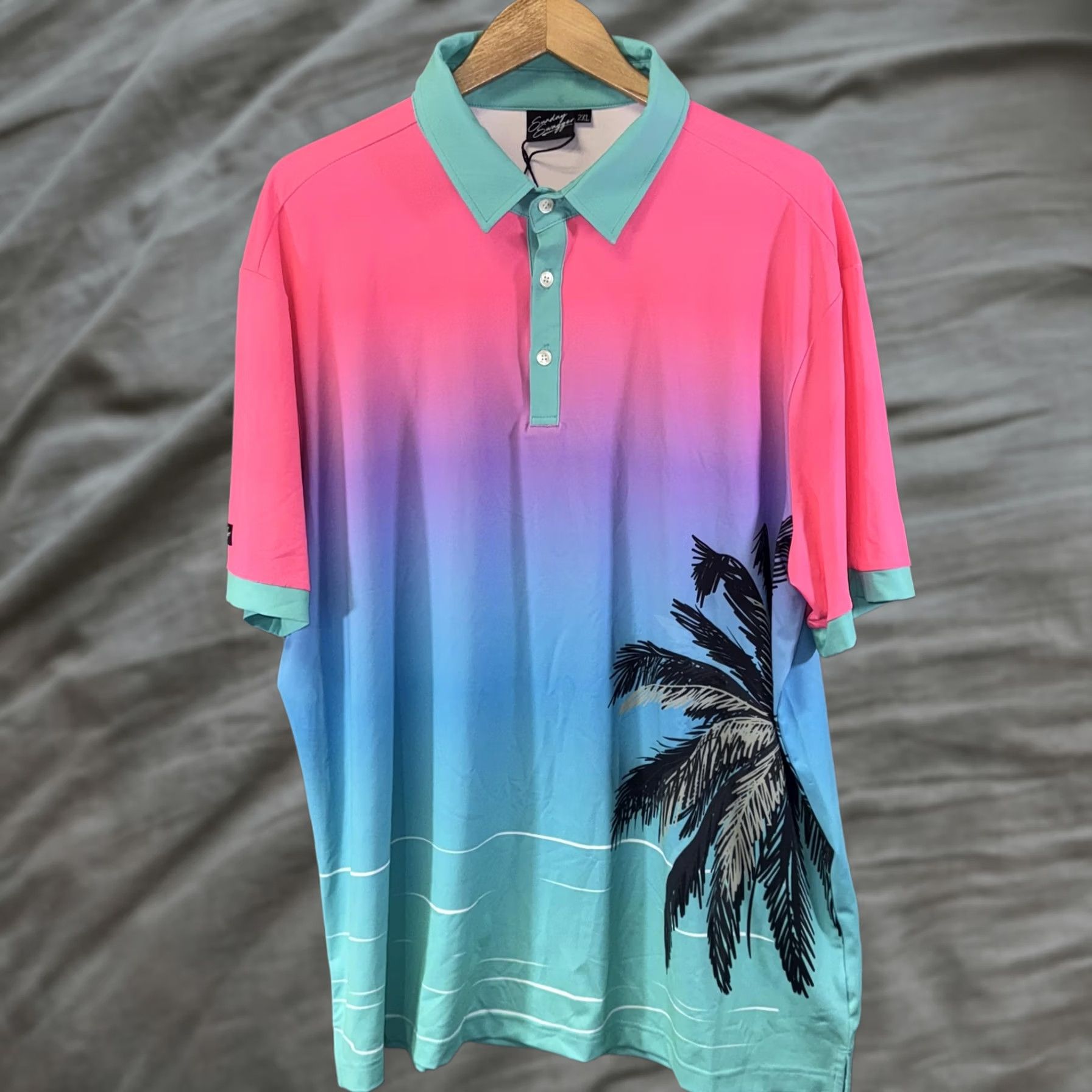 Vintage Sunday Swagger Polo Shirt Mens 2XL Pink Blue Ombre Palm Graphic Print Golf Tropical Beach Size US XXL / EU 58 / 5 - 1 Thumbnail