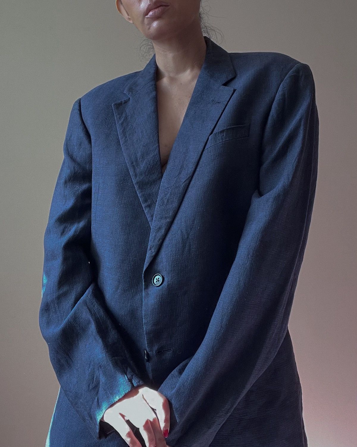 Armani Collezioni Vintage Armani Linen Blue Blazer Size L / US 10 / IT 46 - 5 Thumbnail