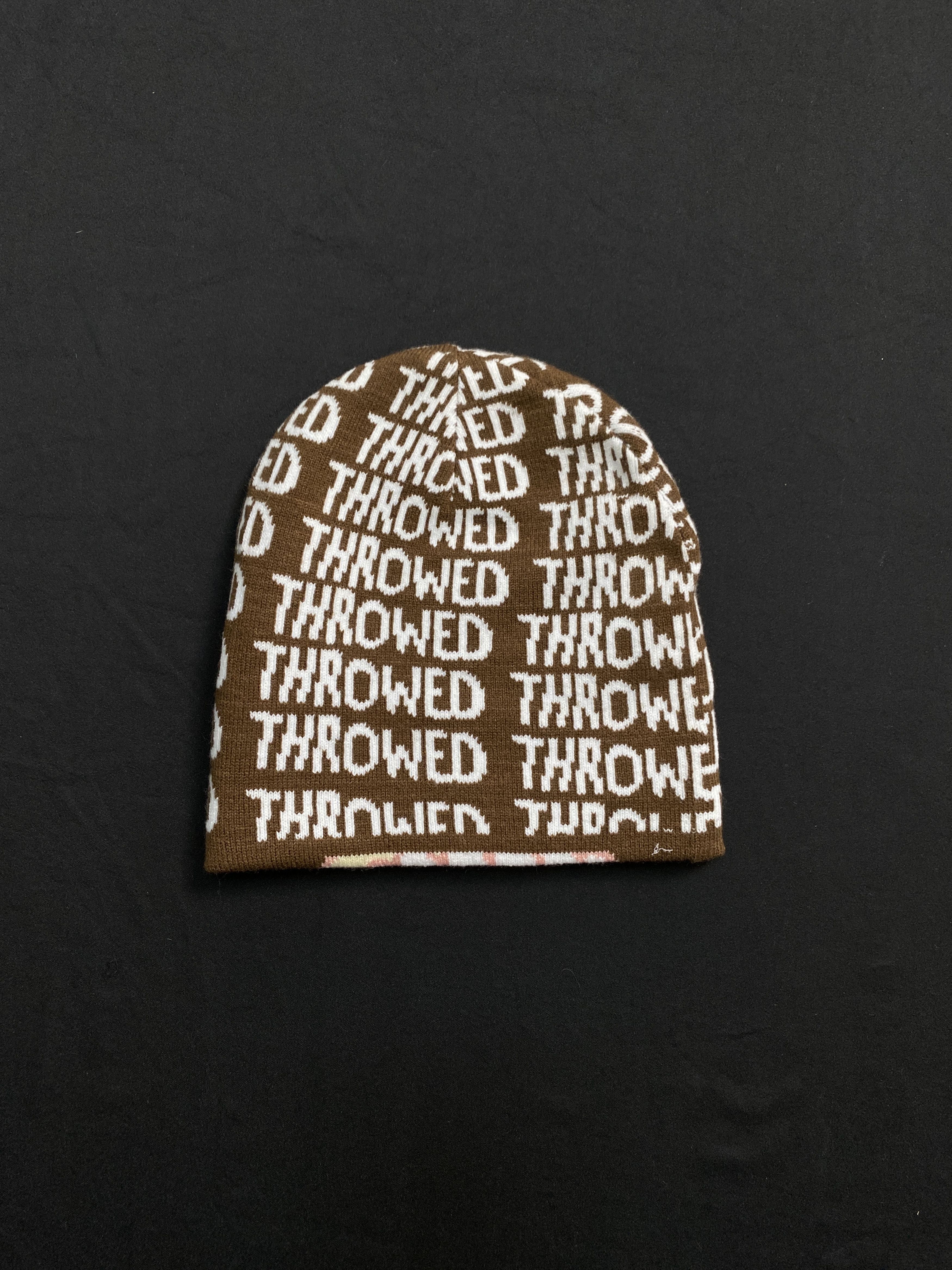 Japanese Brand Throwed Emoji Smiley Graphic No Cuff Brown Beanie Hats OS Size ONE SIZE - 4 Thumbnail