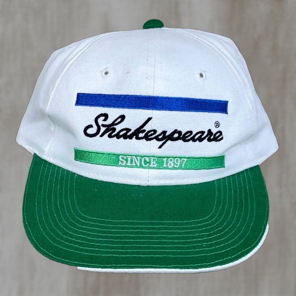 Vintage Vintage Shakespeare Hat Cap Strap Back Fishing Dad White Green Adjustable Adult Cap Size ONE SIZE - 1 Thumbnail