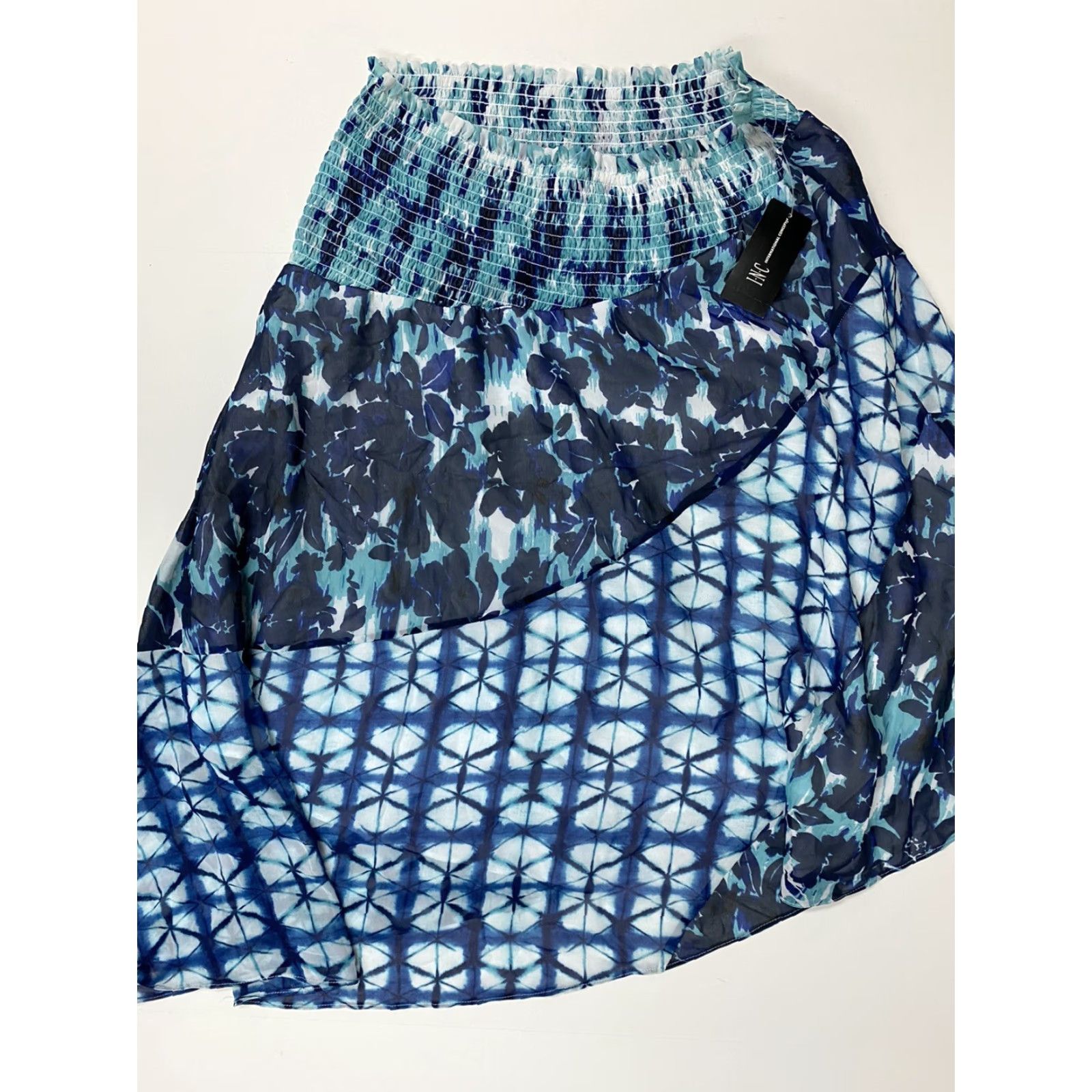 Vintage INC International Concepts Skirt Women L Blue Knee Length A-Line Casual Floral 100% Polyester Asymmetric Ruffle Lined Sail? Size 36" / US 14 / IT 50 - 3 Thumbnail