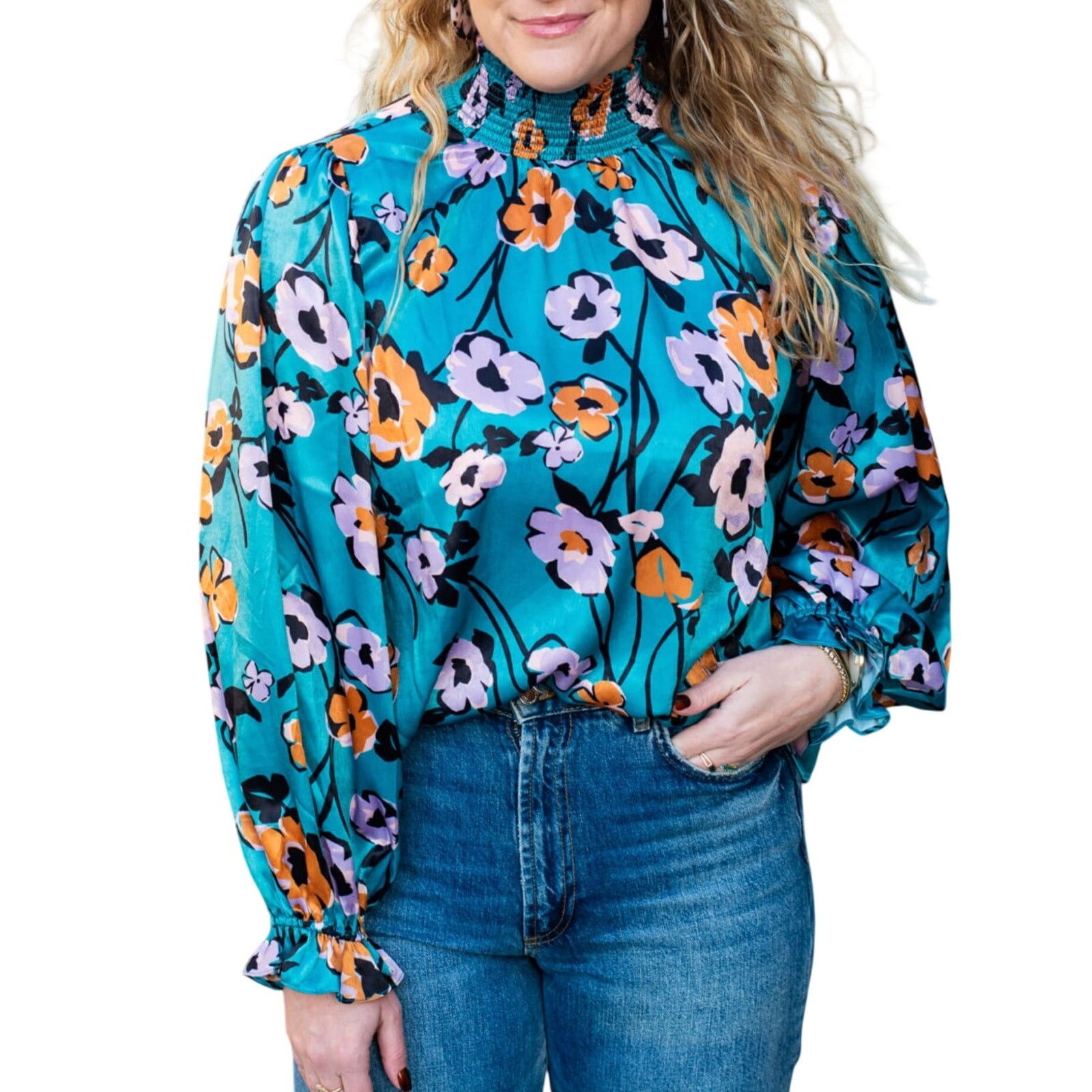 Other Blue Multicolor Floral Long Peplum Sleeve Turtleneck Blouse Size S / US 4 / IT 40 - 1 Thumbnail