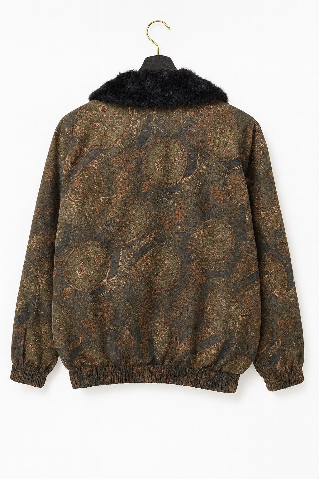 Vintage 1980s–1990s Baroque Pattern Bomber Jacket Faux Fur Collar Size L / US 10 / IT 46 - 2 Thumbnail