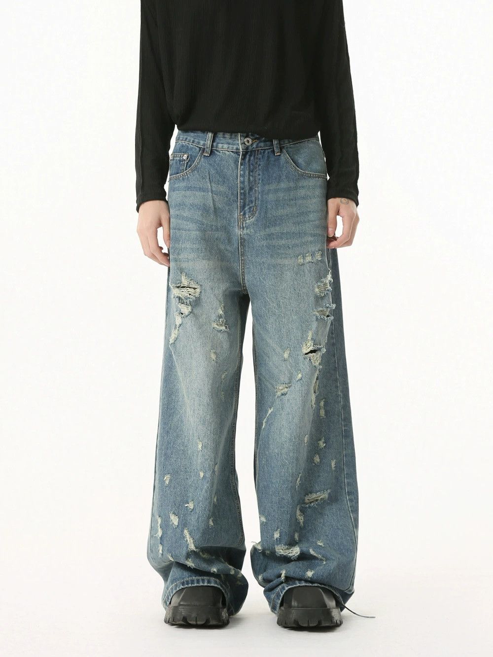 Vintage Men's irregular distressed high street straight ripped jeans Size US 32 / EU 48 - 3 Thumbnail