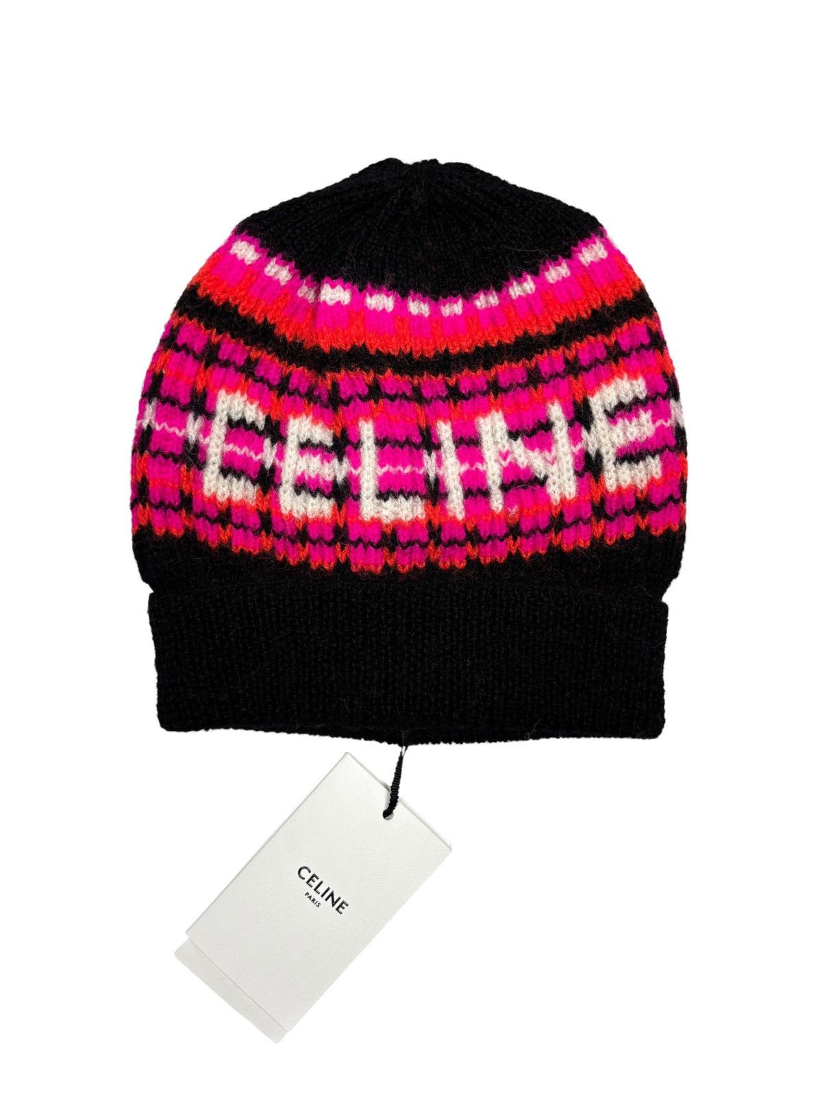 Celine Black, Pink & White Wool Hat celine beanie IN wool cashmere - BLACK / WHITE | CELINE main image 2