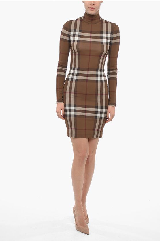 image of Burberry Jersey Midi Dress With Tartan Pattern in Brown, Women's (Size XS)