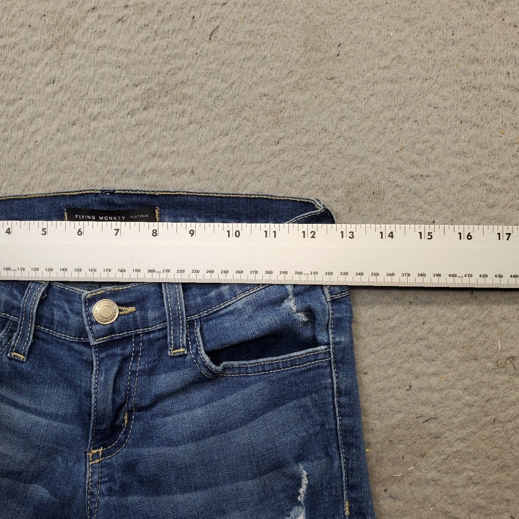 Vintage Flying Monkey Platinum Jeans Womens 25 Blue Denim Distressed Skinny Leg Low Rise Jeans Women 25.5 Inseam 29.75" 5-Pocket Denim Blue Size 42" / US 20 - 6 Thumbnail