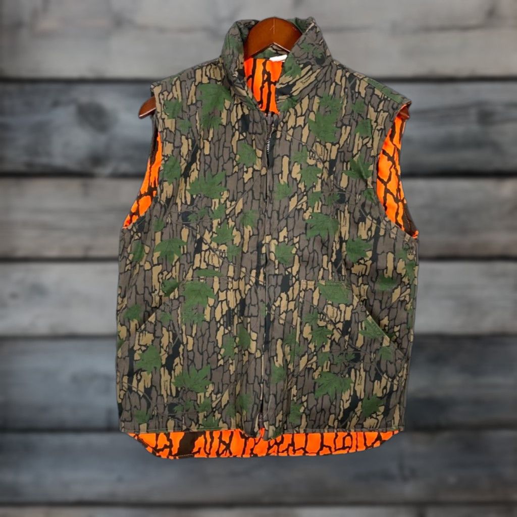 VTG Pella Reversible Camouflage Vest Zip Up Green Medium Trebark Blaze Orange