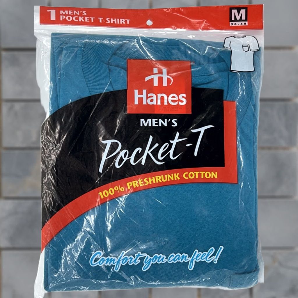 Hanes VINTAGE Hanes Pocket T-Shirt M MEDIUM Blue Cotton NOS Men 90s 80s Story: NIP Size US M / EU 48-50 / 2 - 1 Thumbnail