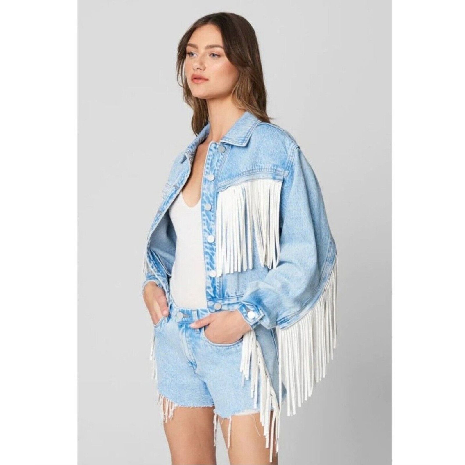 BLANKNYC Blank NYC Frayed Fringe Denim Oversized Trucker Boho Jacket Size S / US 4 / IT 40 - 2 Thumbnail