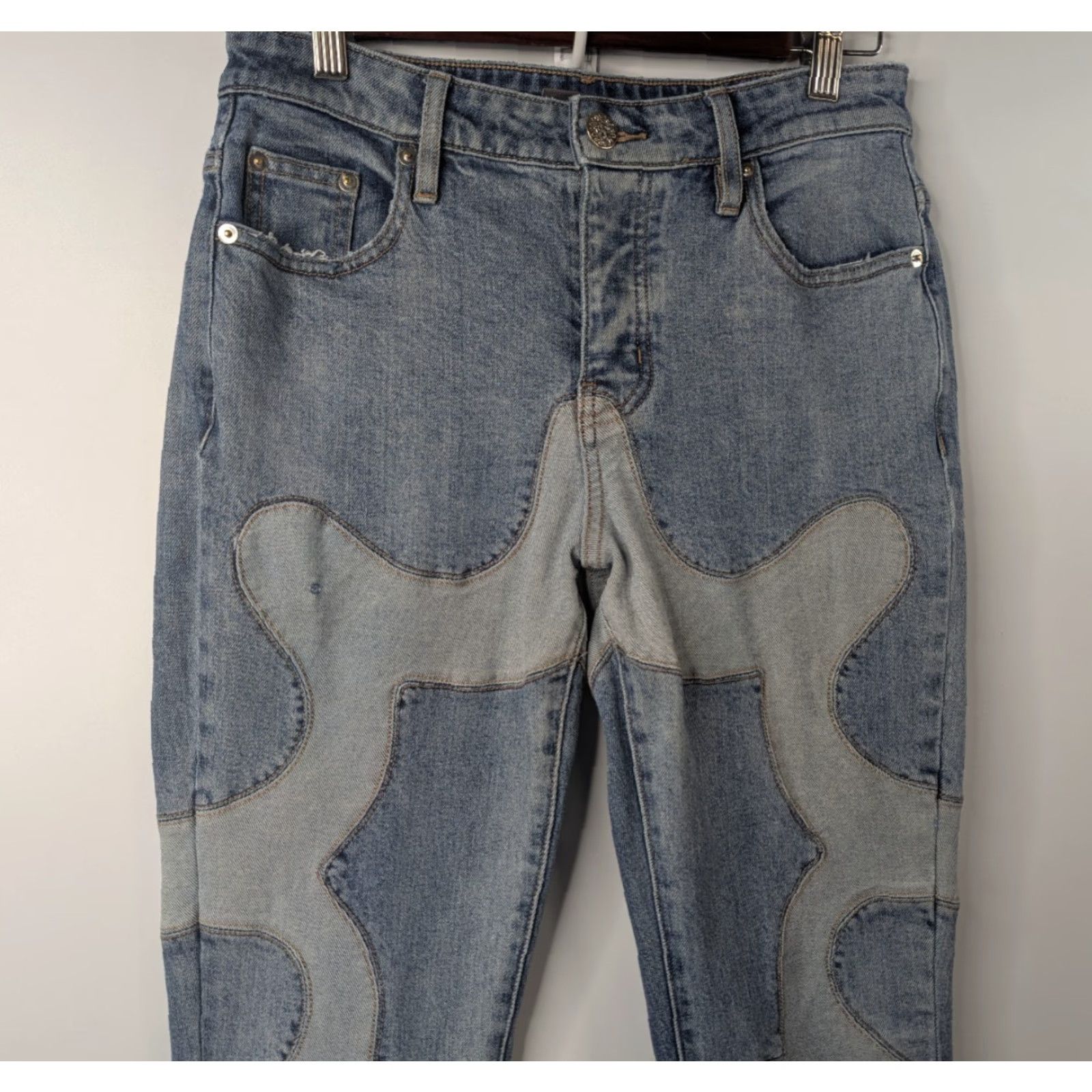 Vintage Glo Gang Jeans Unisex Adults Denim Hip-Hop High Street Retro Stitching Raw Hem Size 32 Blue 36 In Inseam Flared Mens Womens Boys Girls Size US 32 / EU 48 - 3 Thumbnail