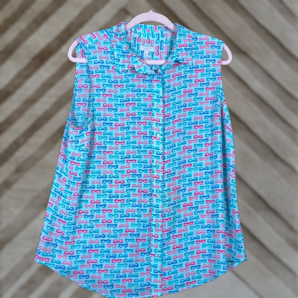 Talbots Talbots Womens Blouse Blue Multi Eye Glasses Pattern Sleeveless Button Down LP Blouse Ladies Medium Short Sleeve? Size L / US 10 / IT 46 - 1 Thumbnail