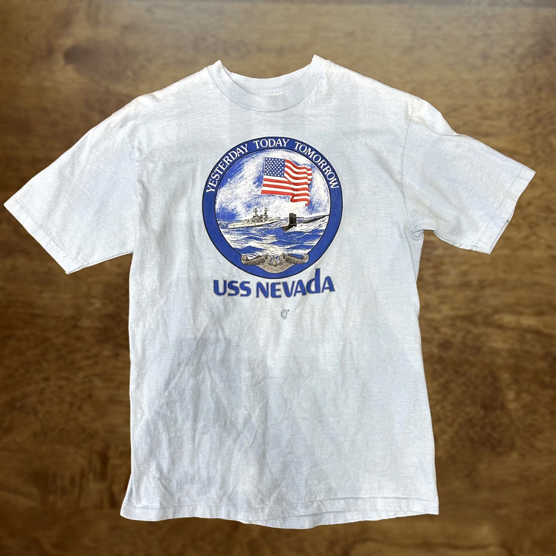 Hanes VINTAGE Hanes Shirt Mens Large Blue Navy Graphic USA Tee 80s USS Nevada Military Patriotic Crew Neck Short Sleeve Size US L / EU 52-54 / 3 - 1 Thumbnail