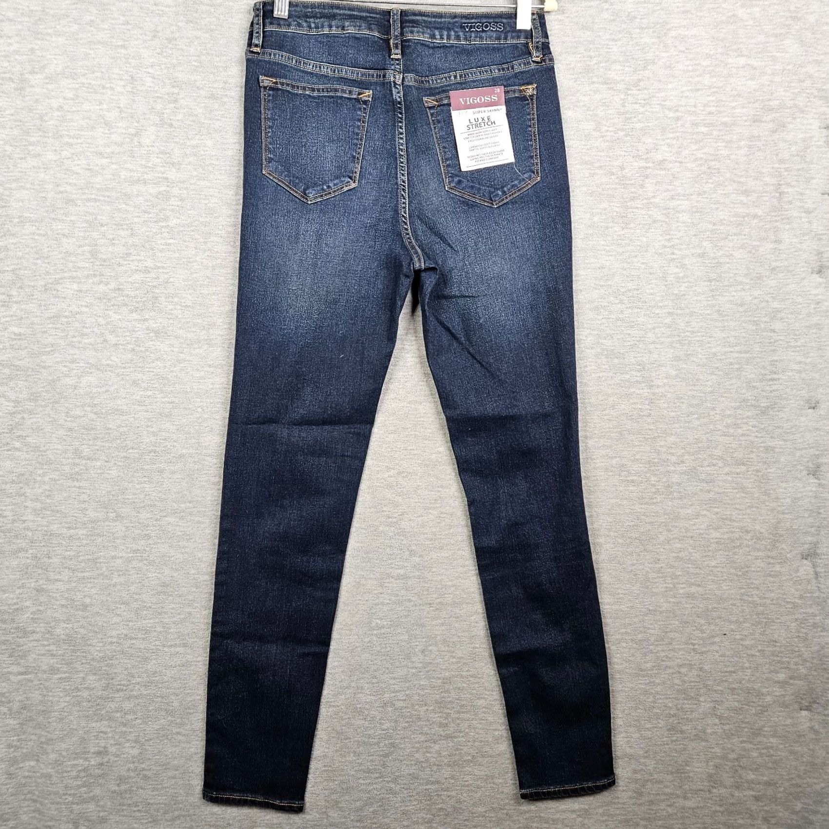 Vintage VIGOSS Jeans Skinny Women Regular 28W 29L Dark Wash Blue Cotton Polyester Spandex Belted Button Mid Rise Casual New Size 28" / US 6 / IT 42 - 2 Thumbnail