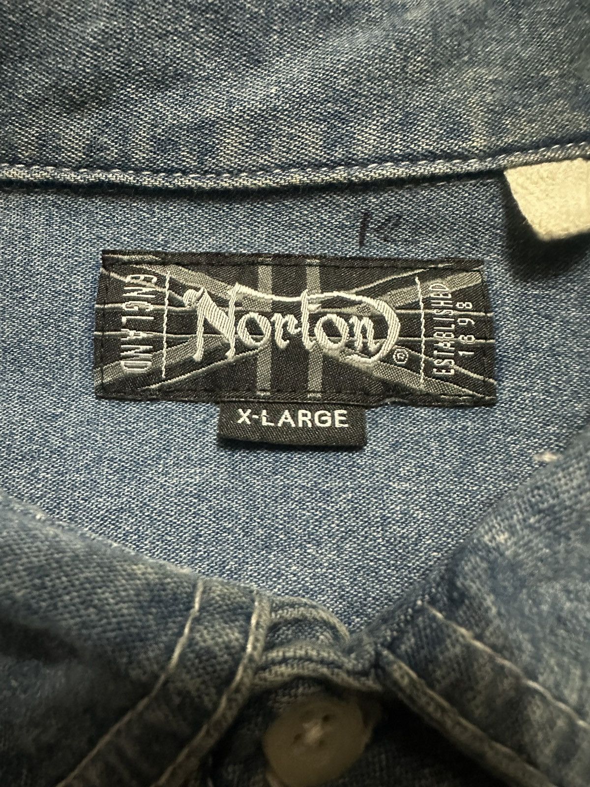 Designer × Japanese Brand × Vintage Vintage Norton Motorcycle Embroidered Blue Denim Shirts Size US M / EU 48-50 / 2 - 5 Thumbnail