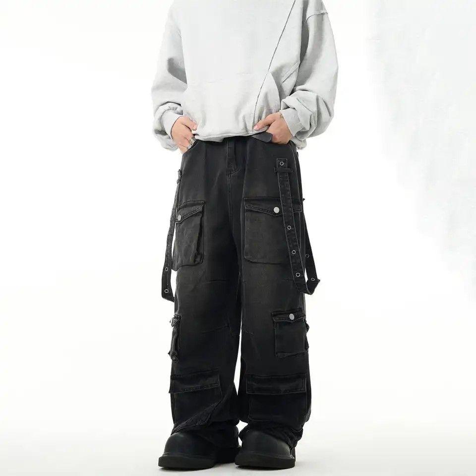 Japanese Brand × Vintage Black Cargo Jeans Men Baggy Multi-pocket Wide Leg Streetwear Size US 30 / EU 46 - 4 Thumbnail