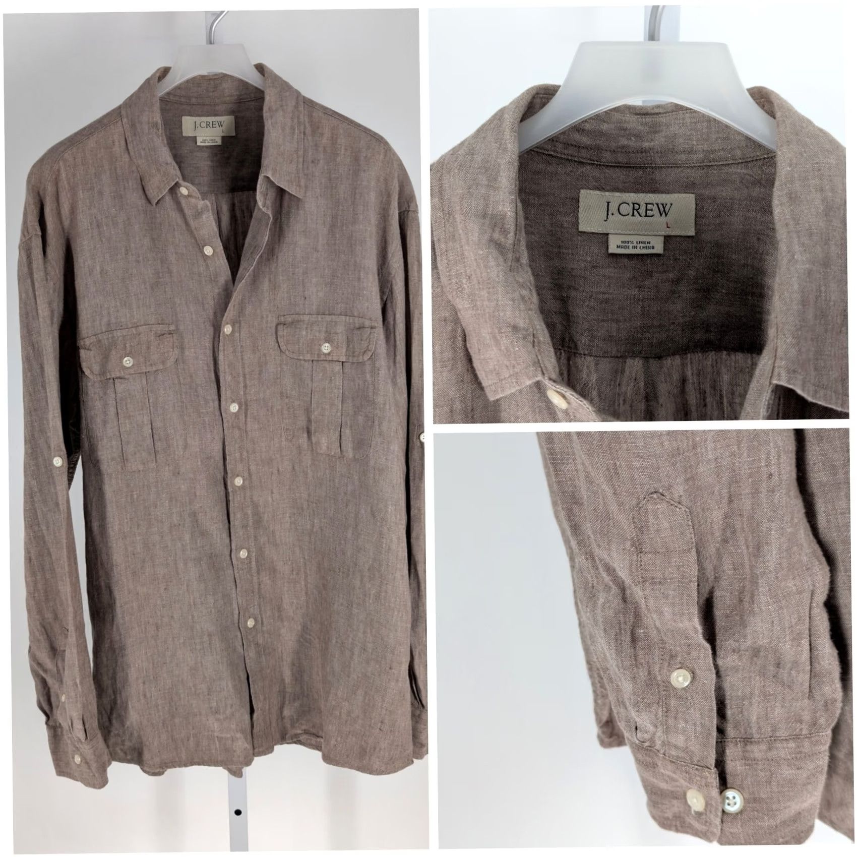 J.Crew VINTAGE J.CREW Shirt Men Long Sleeve Brown Linen Safari Utility Button-Up 1990s 90s Large Size US L / EU 52-54 / 3 - 2 Thumbnail