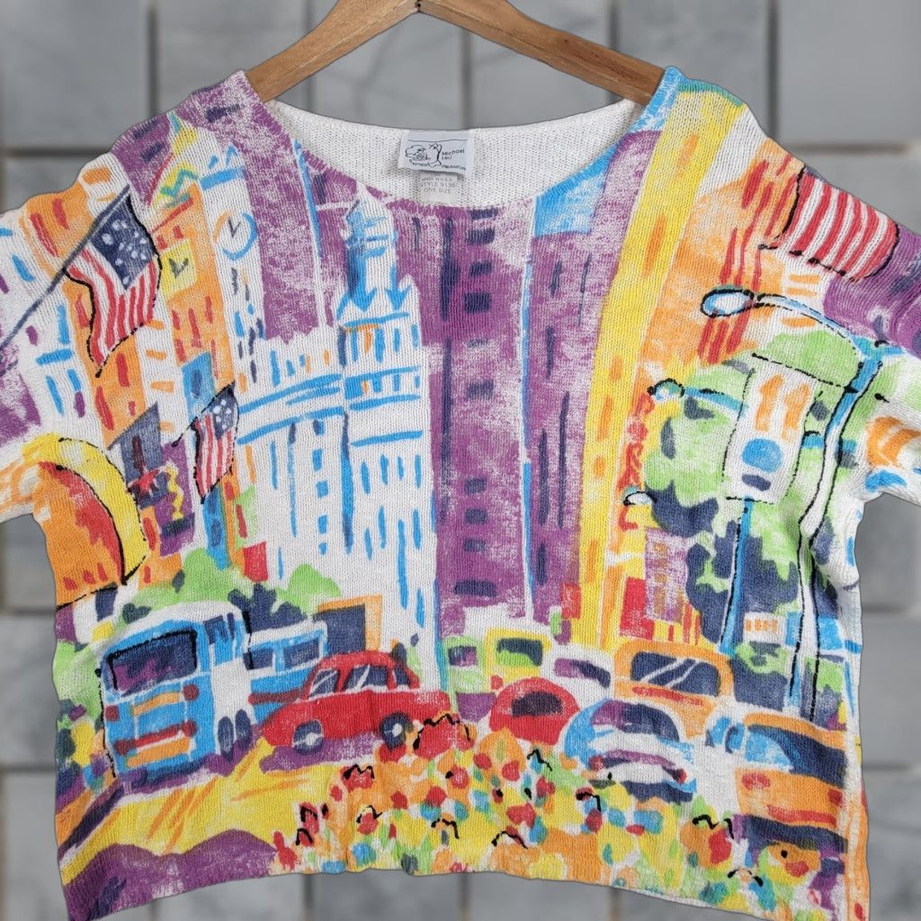 Michael Leu Sweater Top Womens One Size Multicolor Art Pullover Boat Neck Long Sleeve Casual Travel Business