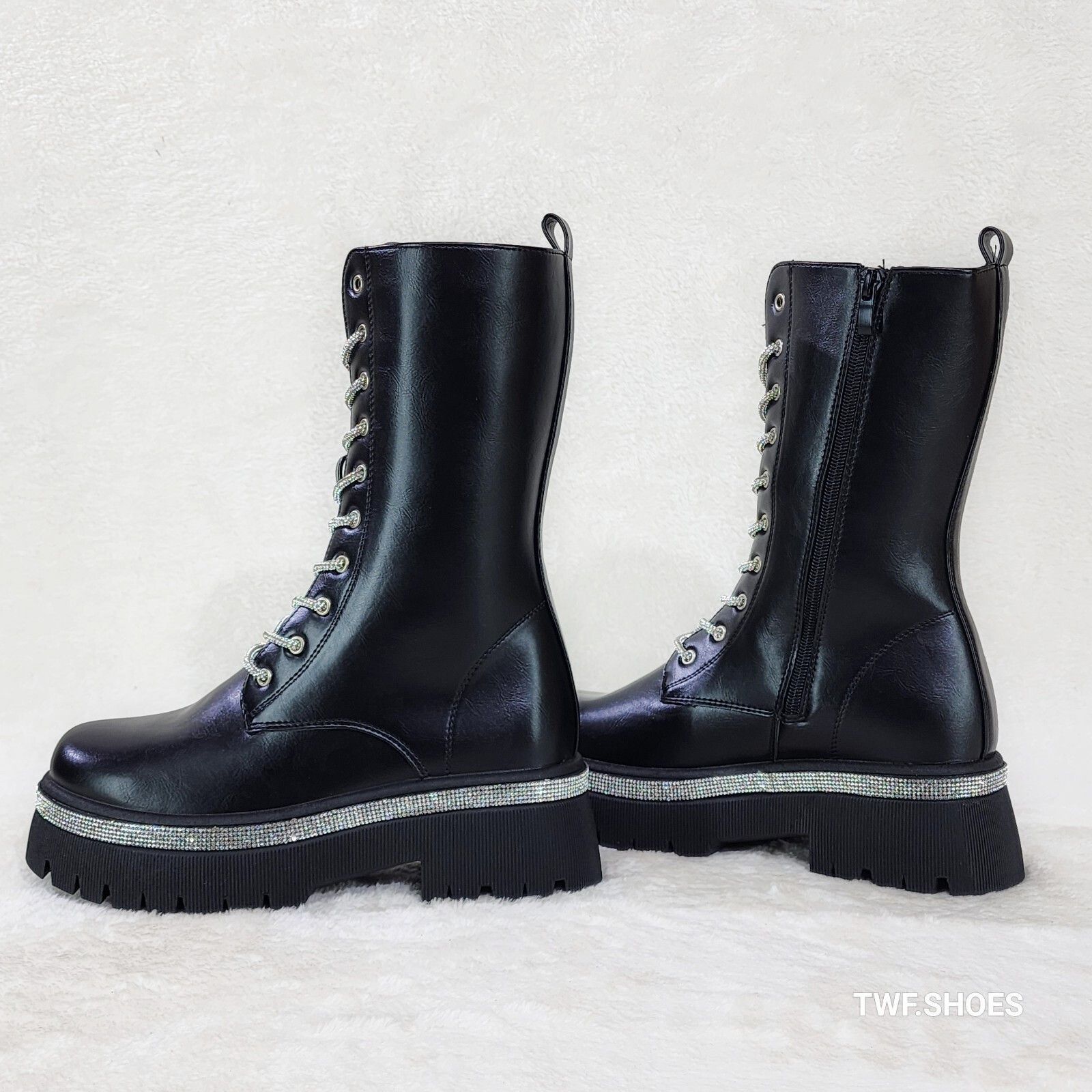 Other Combat Sparkle Mid Calf Rhinstone Platform & Laces Biker Gla Size US 6.5 / IT 36.5 - 1 Thumbnail