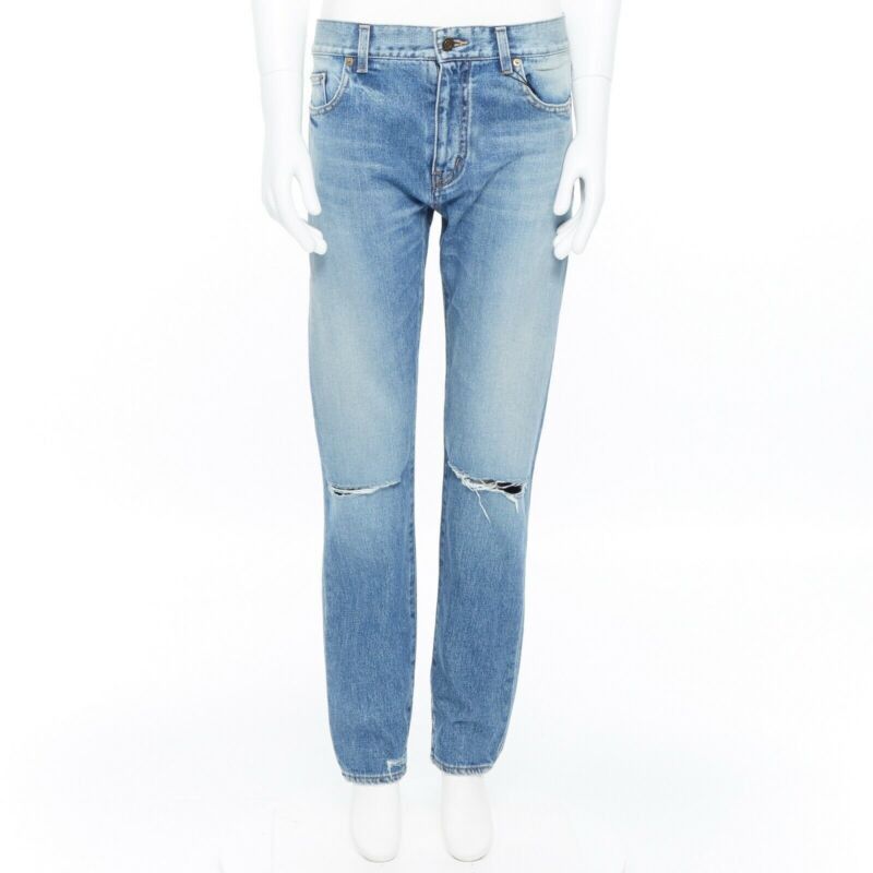Saint Laurent Paris SAINT LAURENT Hedi Slimane blue cotton torn knee washed skinny denim jeans 29" Size 27" / US 4 / IT 40 - 1 Thumbnail