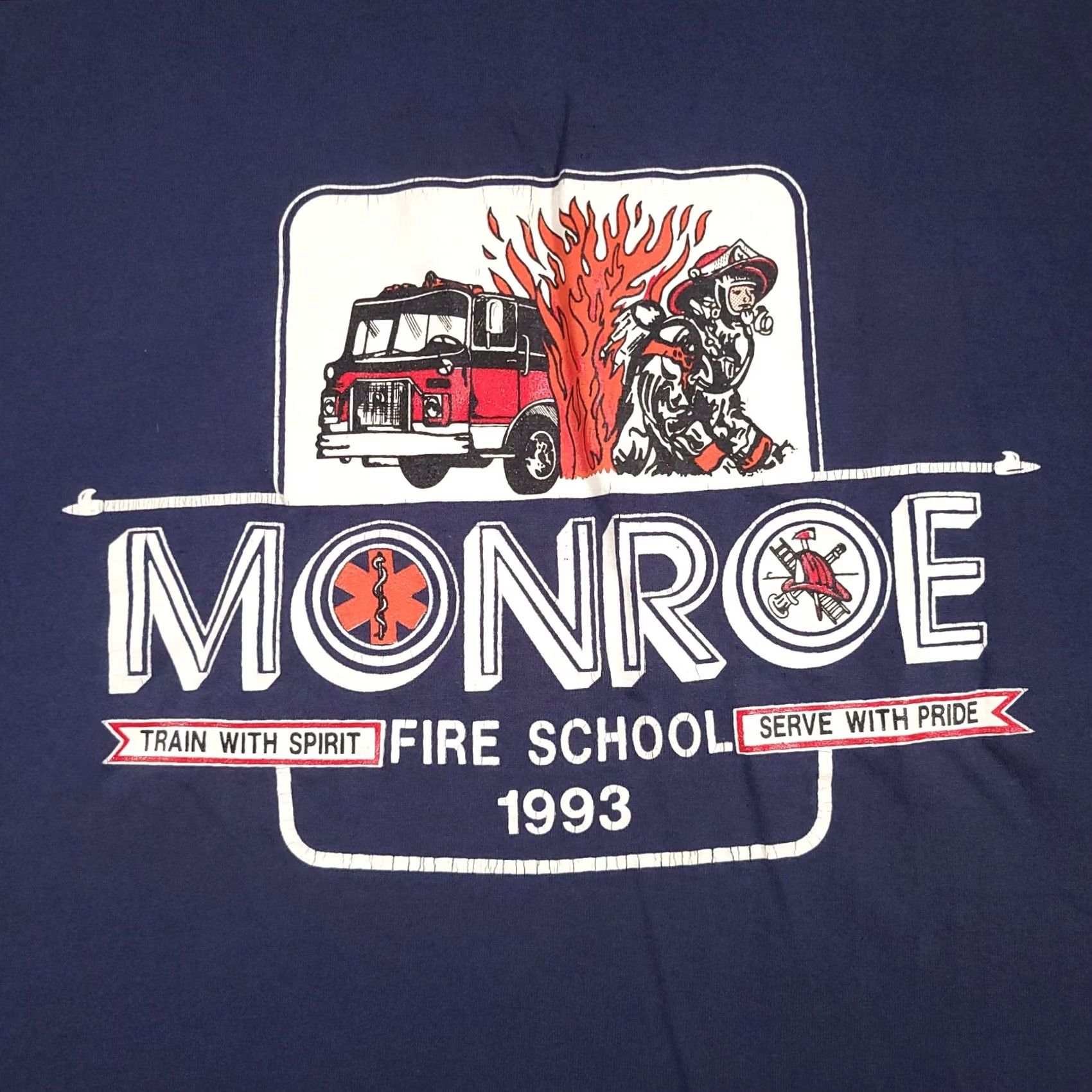 Fruit Of The Loom VINTAGE Monroe Fire School Shirt Mens 3XL Blue 1993 Firefighter Graphic USA 90s Size US XXL / EU 58 / 5 - 4 Thumbnail