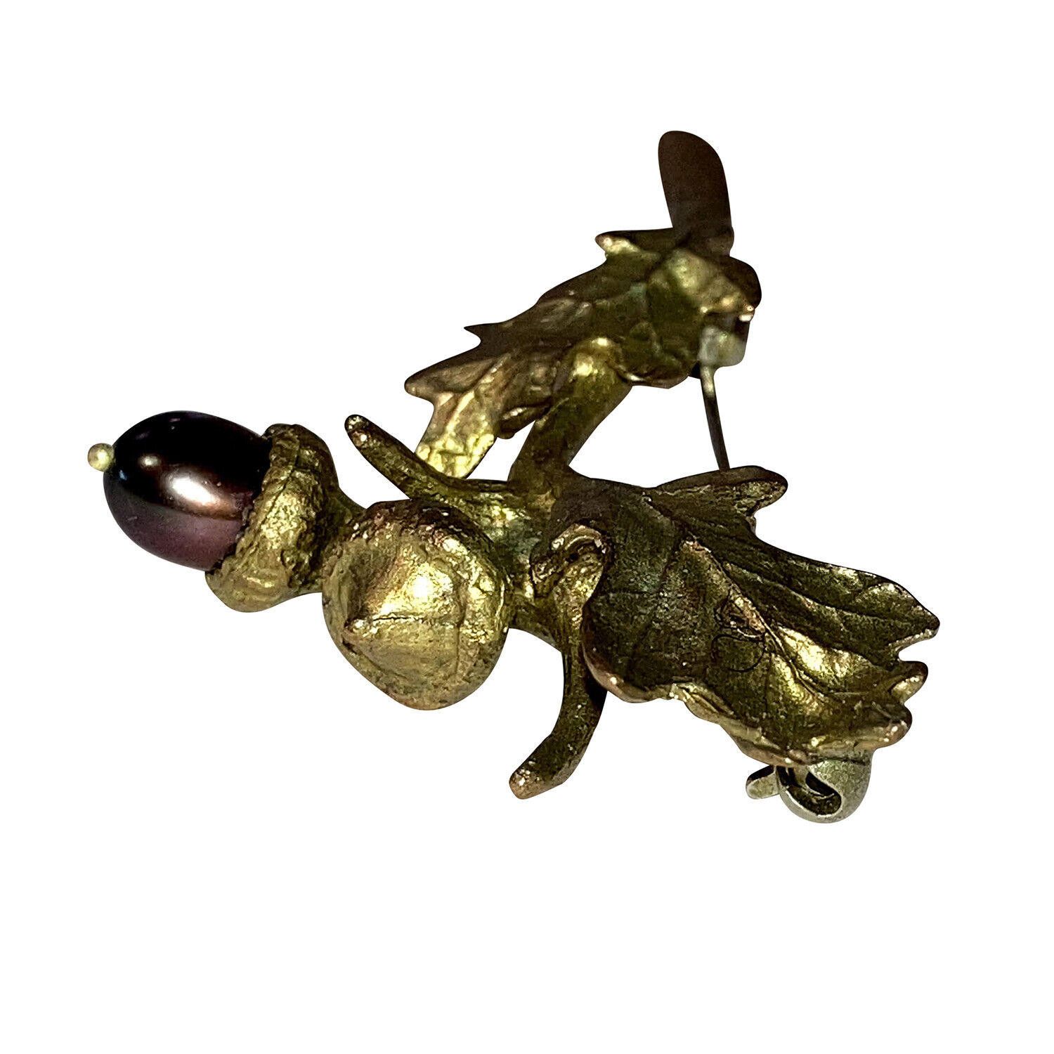 Designer Brass Artisan Leaf and Grey Pearl Acorn Pin Size ONE SIZE - 4 Thumbnail