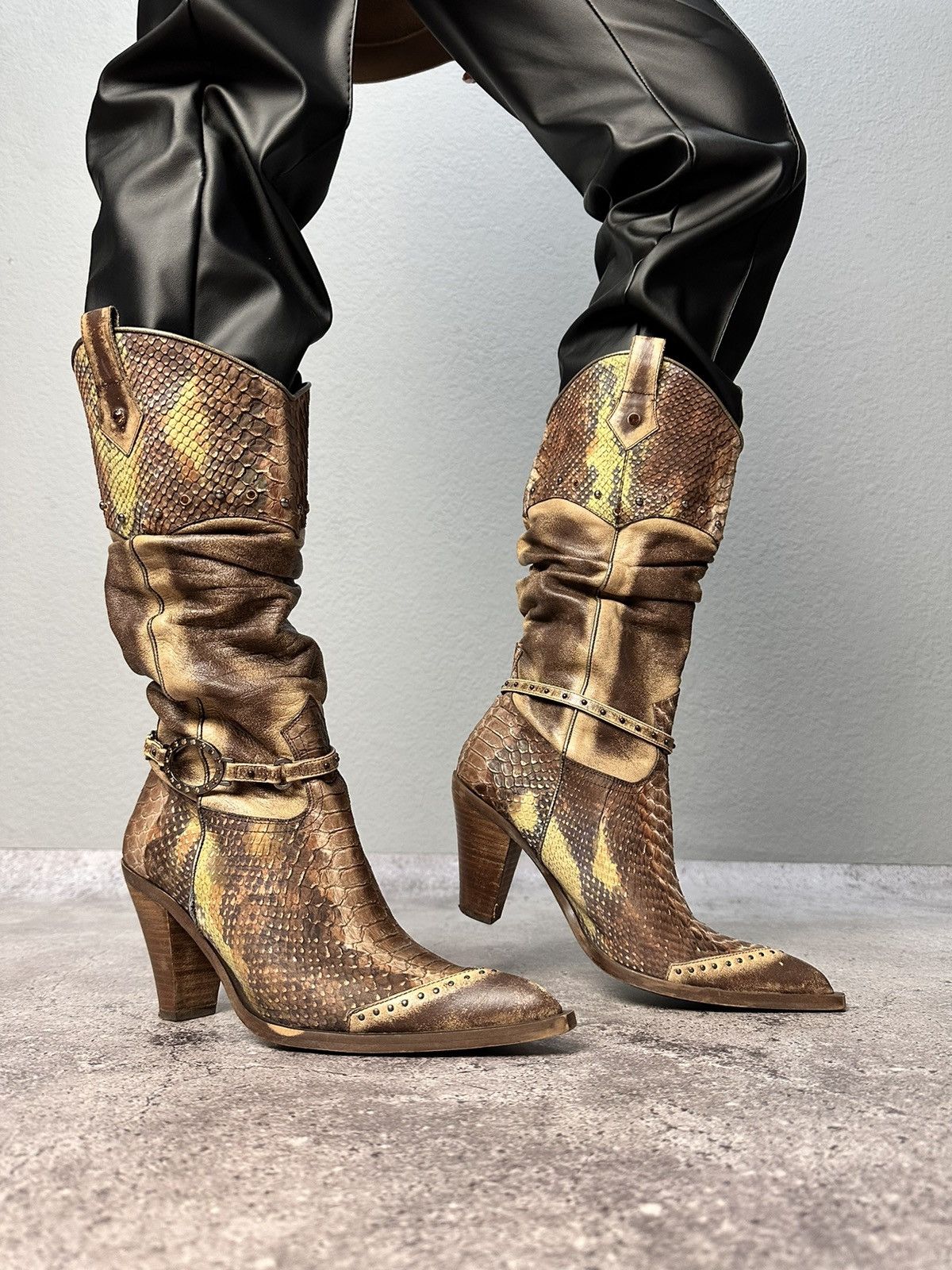 image of Avant Garde x Vintage Leather Pitons Cowboy Boots Western Shoes Snake in Brown, Men's (Size 9)