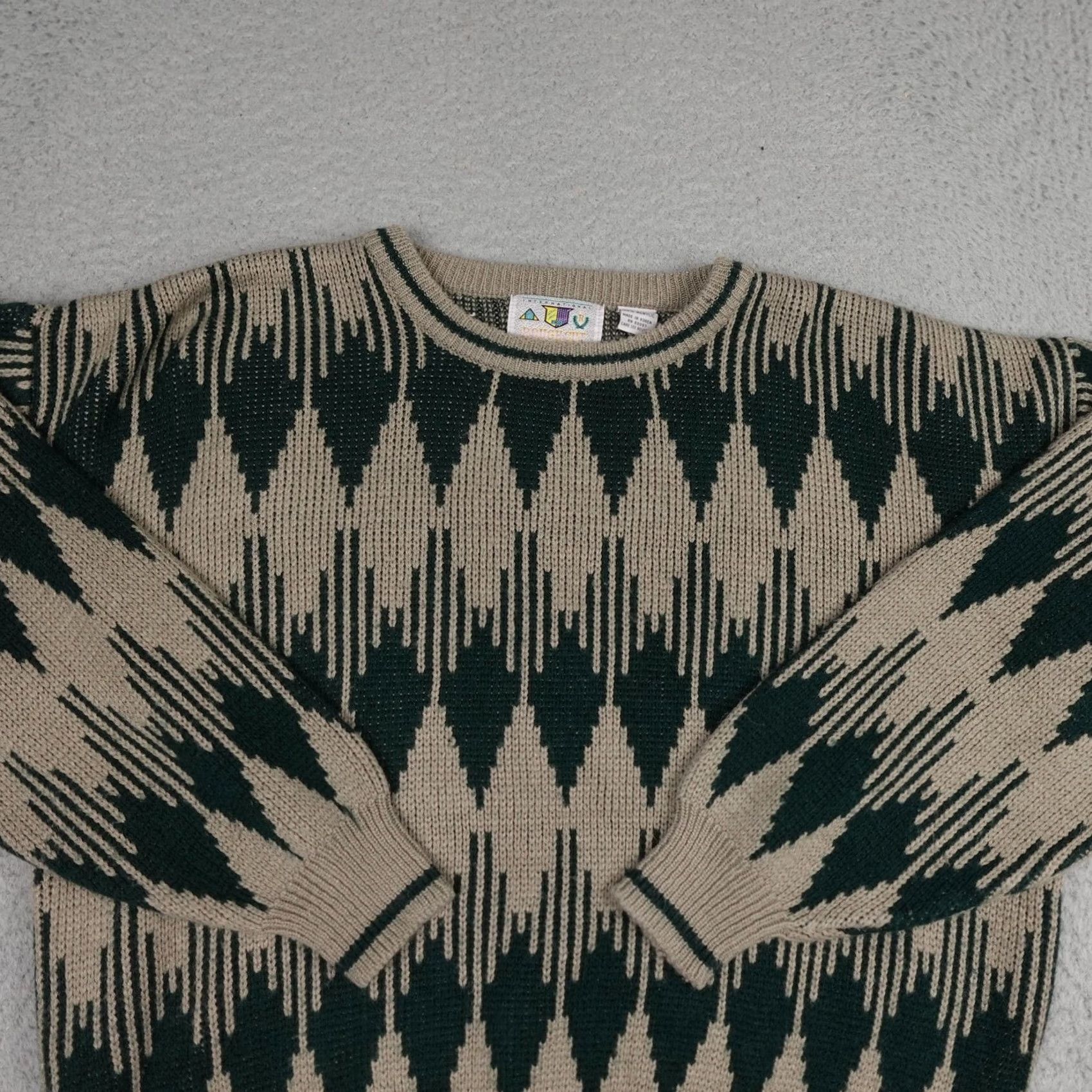 Vintage VINTAGE Rough Cut Mens Geometric Sweater M Green Tan Knit 90s Pullover Crew Neck Size US M / EU 48-50 / 2 - 5 Thumbnail