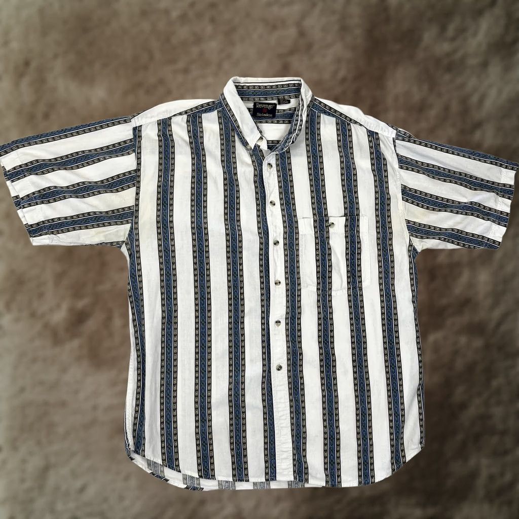 Revenge VINTAGE Revenge Striped Short Sleeve Button Front Western Shirt Mens XL White Size US XL / EU 56 / 4 - 1 Thumbnail