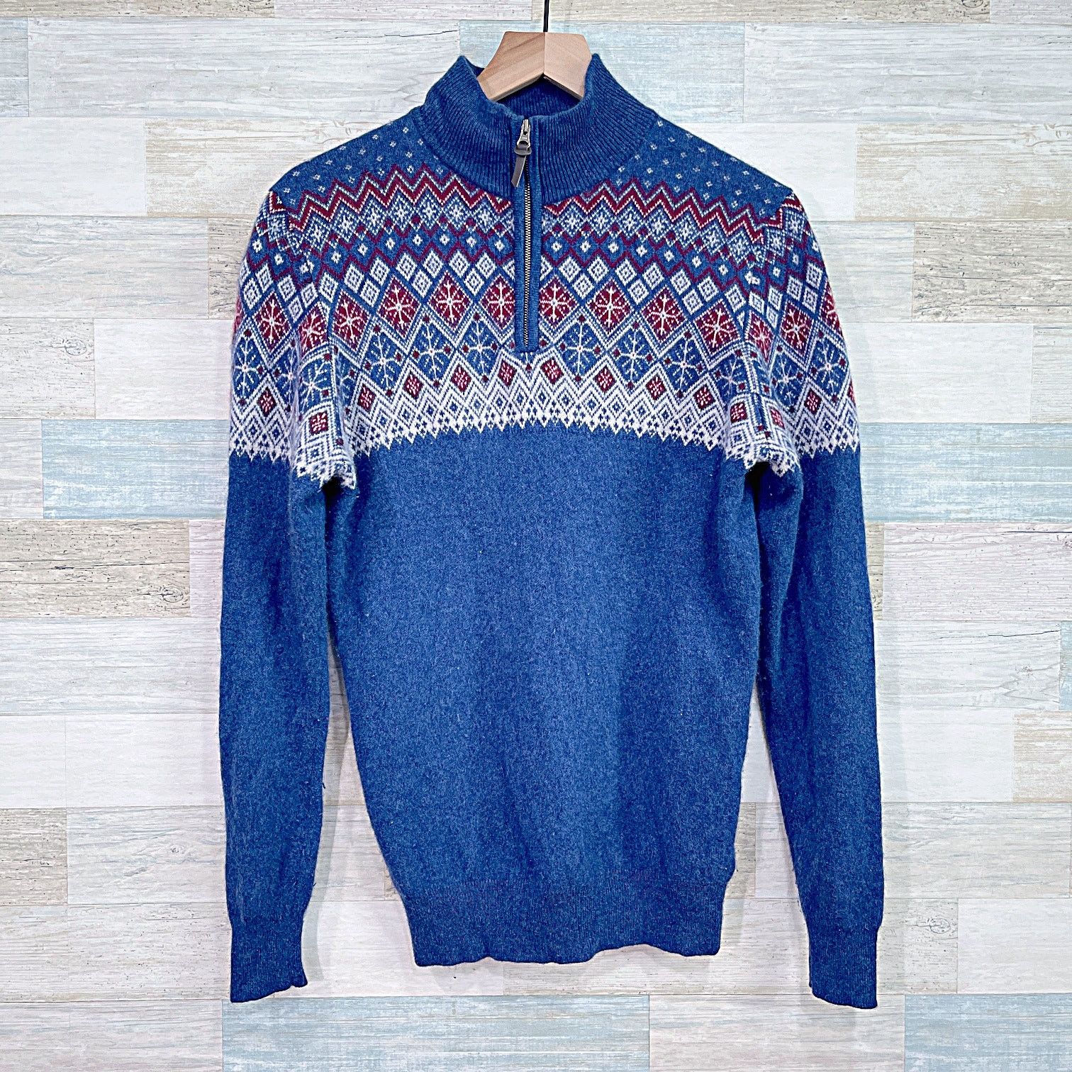 Tahari Cashmere Fair Isle 1/4 Zip Sweater Blue Mens Small
