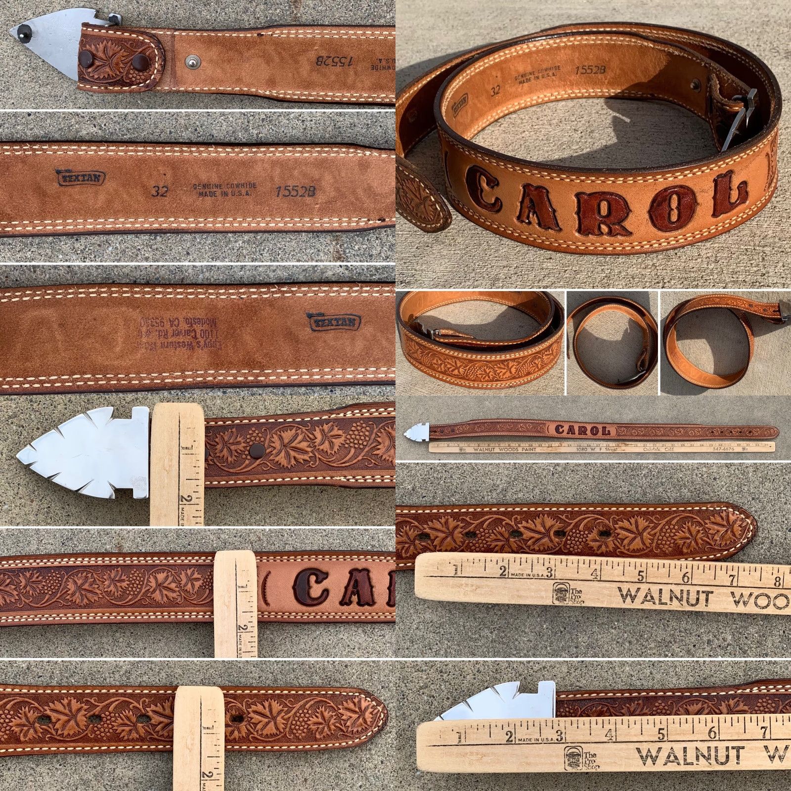 Vintage vintage Textan leather belt with arrowhead buckle, name Carol, size 32, brown, unisex, casual, rockabilly Size ONE SIZE - 8 Thumbnail
