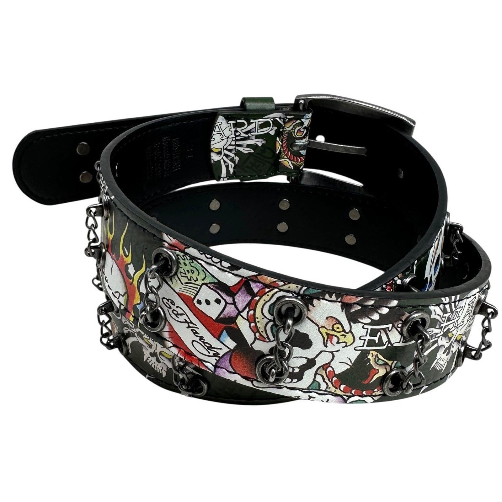 Ed Hardy Ed Hardy Men's Skull Tattoo Olive Belt With Chains Size 36 - 3 Thumbnail