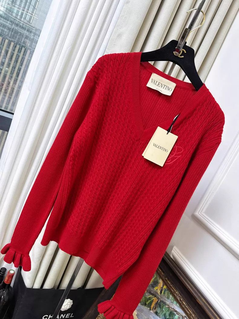 Valentino Valentino Red V-neck wool knit ruffled sleeve pullover Size XL / US 12-14 / IT 48-50 - 1 Thumbnail