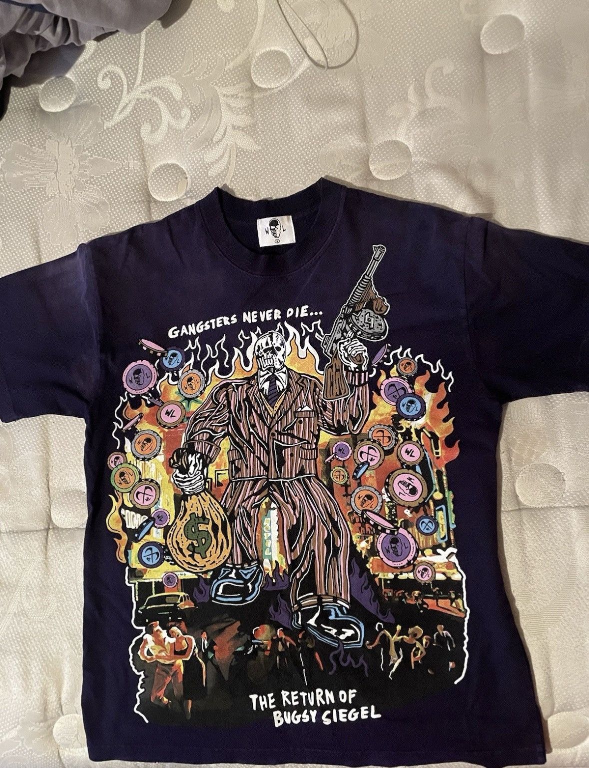 Warren Lotas "Gangsters Never Die" T-Shirt in Purple- Small