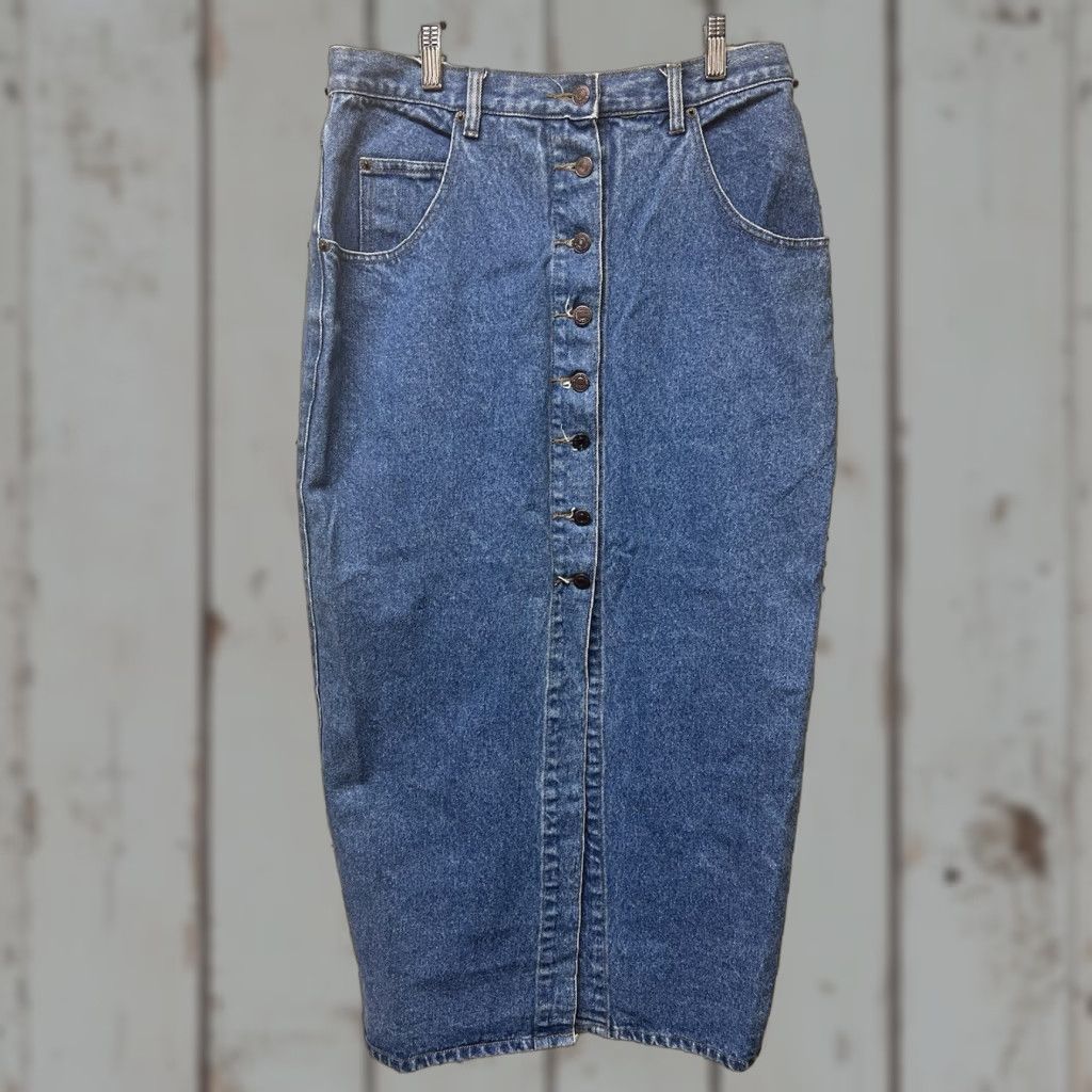Jordache VINTAGE Jordache Denim Skirt Long - 30” Waist x 36" Long - Cotton, Zip, Button, 100% Cotton - Blue - Stone Wash - 80s 90s - Women - Size 10 Size 32" / US 10 / IT 46 - 1 Thumbnail