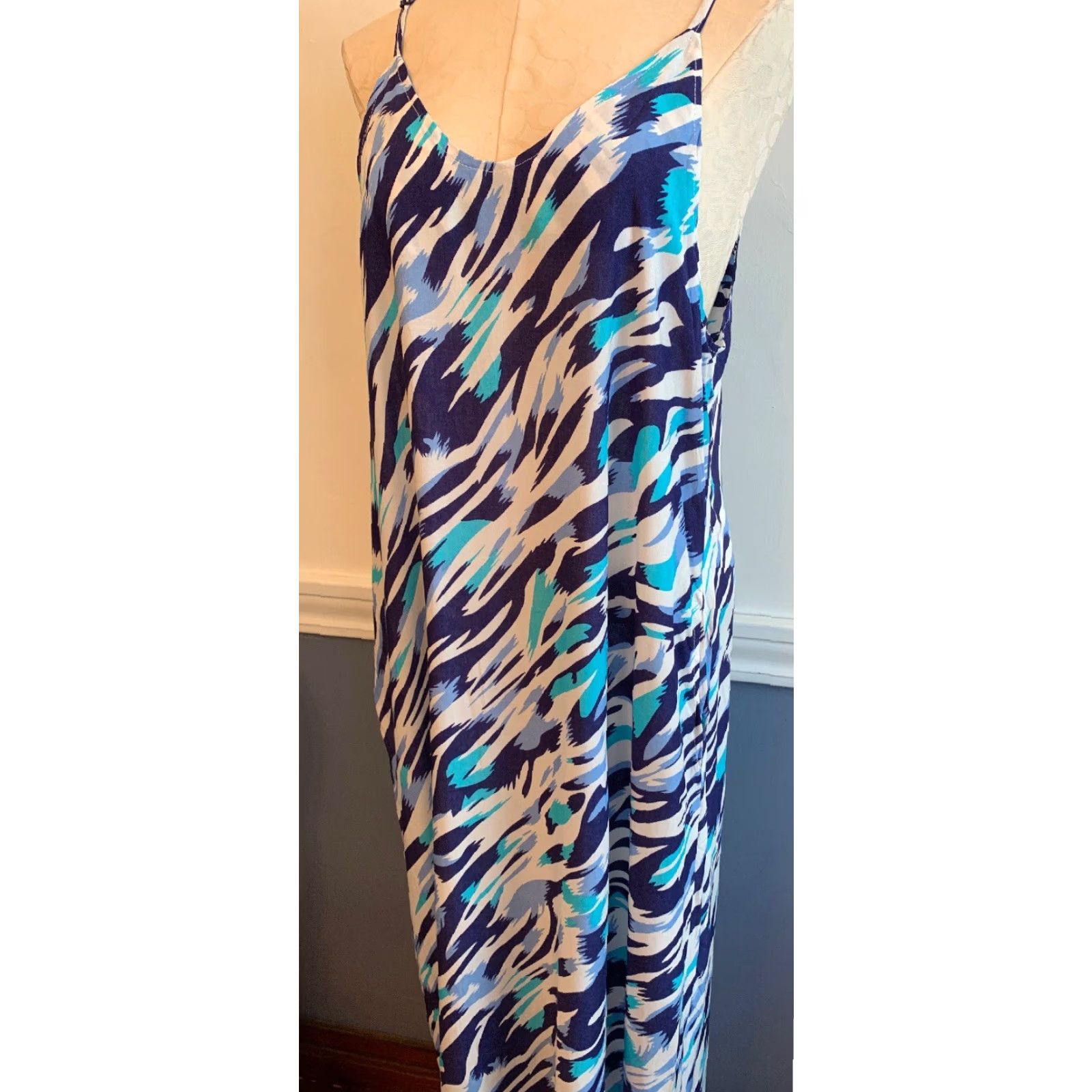 Vintage Auxo Midi Dress Pockets White Purple Sundress Adjustable Strap Medium Womens Size M / US 6-8 / IT 42-44 - 2 Thumbnail