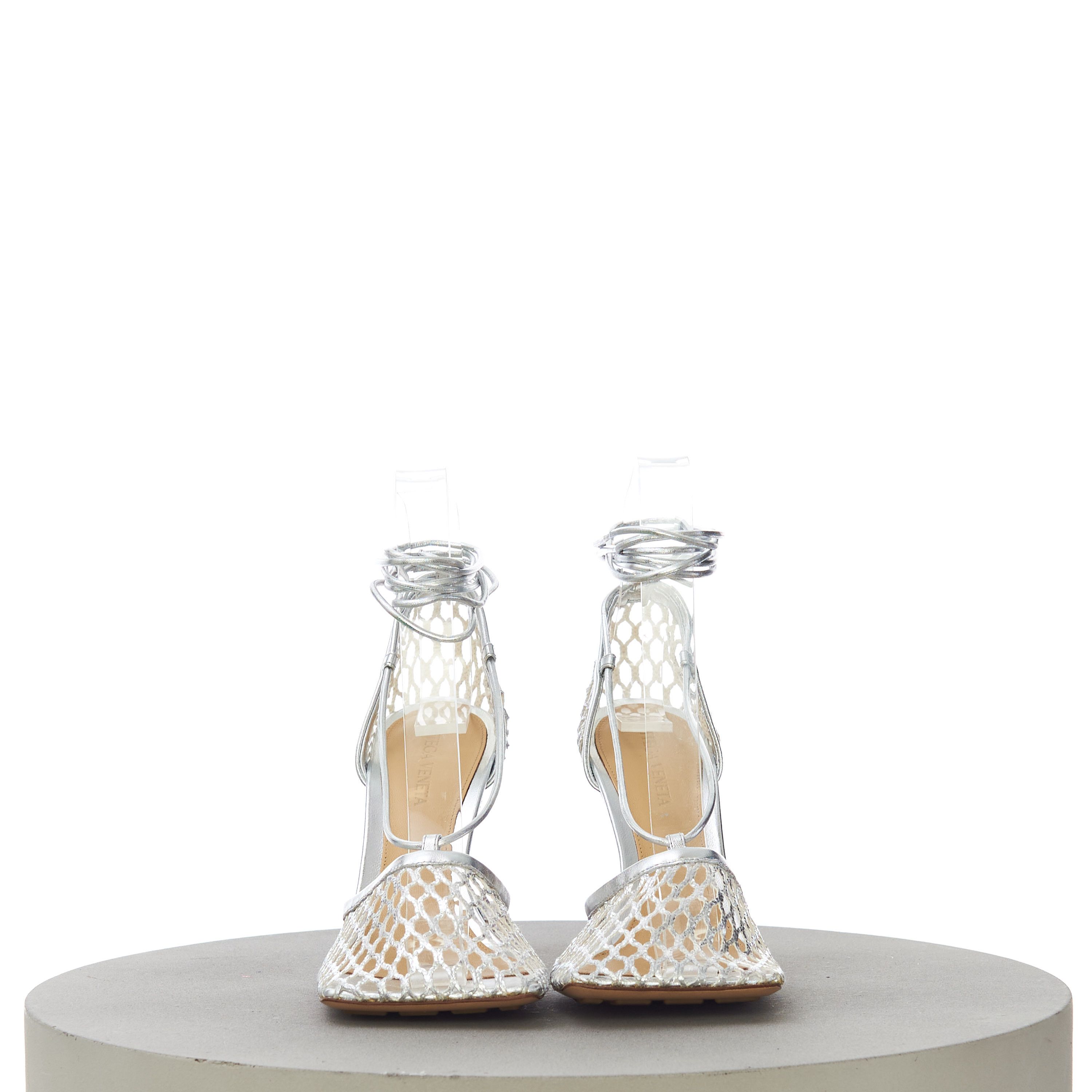 Bottega Veneta Women's Stretch Sandals In Silver Metallized Mesh & Leather Size US 7.5 / IT 37.5 - 3 Thumbnail