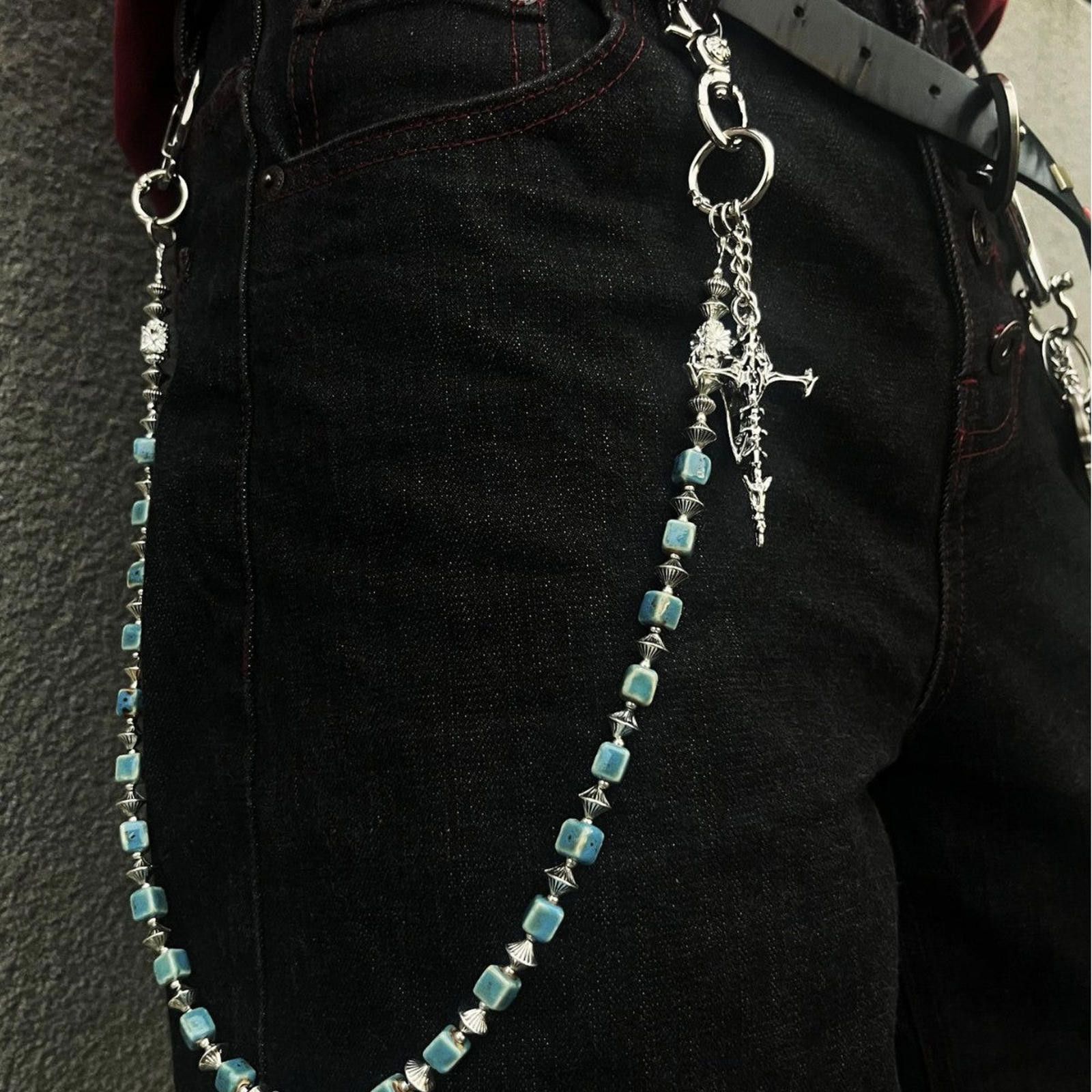 Jewelry Blue Beaded Chain Wallet Accessory with Silver Charms Size ONE SIZE - 1 Thumbnail