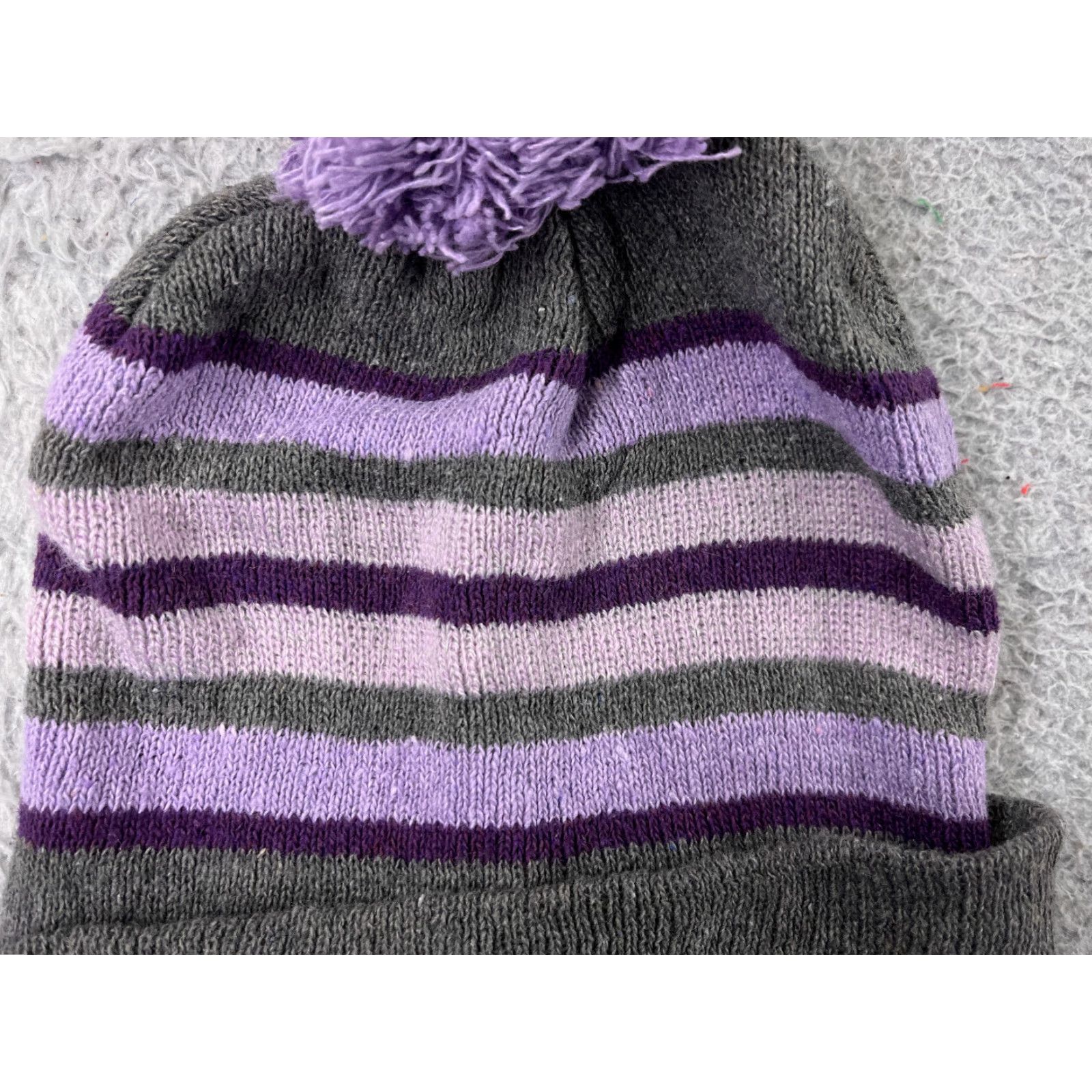 Vintage Sport-Tek Beanie Toque Women's One Size Purple Gray Stripe Knit 100% Acrylic Winter Ski Hat Mens Womens Size ONE SIZE - 2 Thumbnail