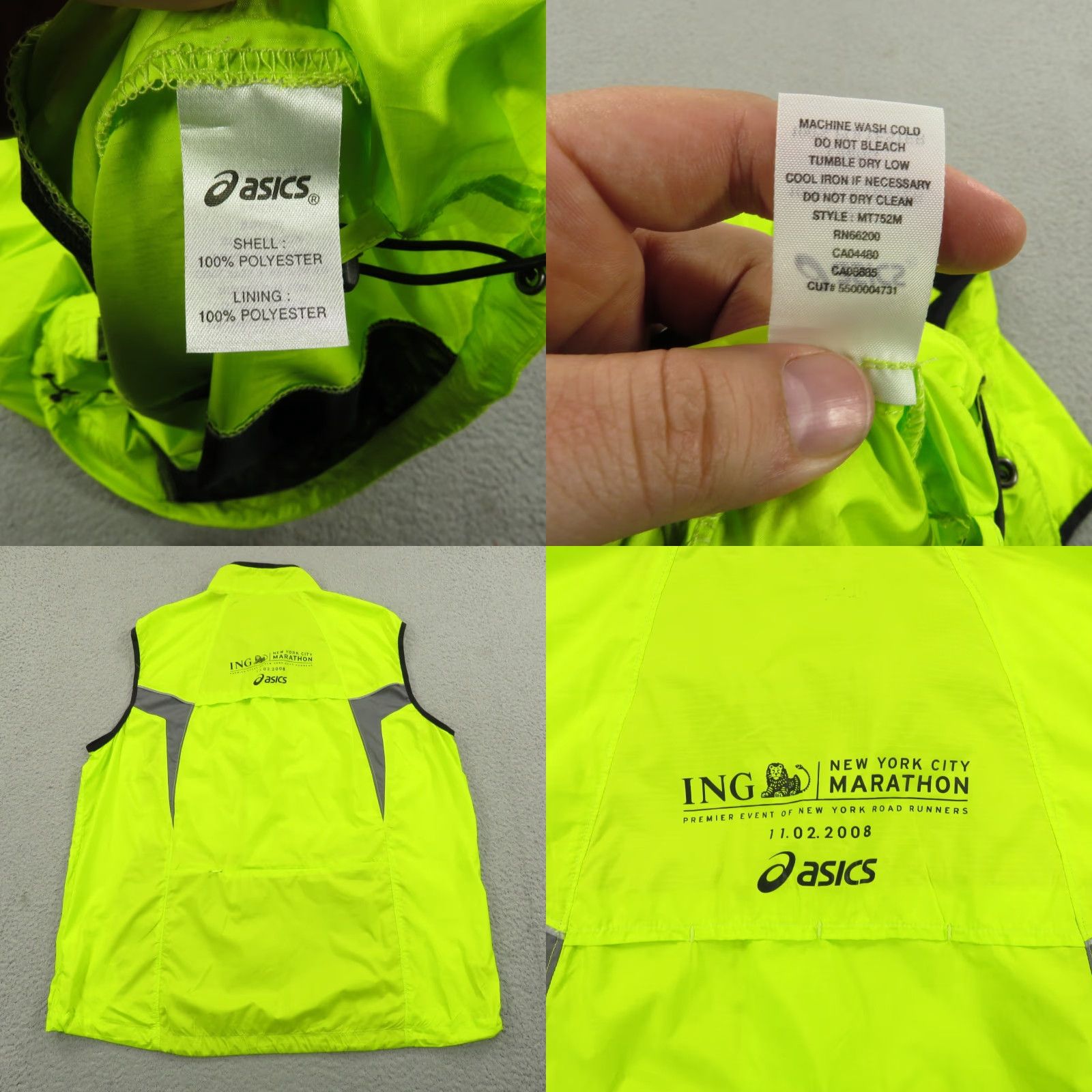 Asics ASICS Vest Mens XL New York City Marathon 2008 Runner Running High Vis HiViz Windbreaker Jacket Long Sleeve Zip Reflective Pockets Regular Size US XL / EU 56 / 4 - 8 Thumbnail