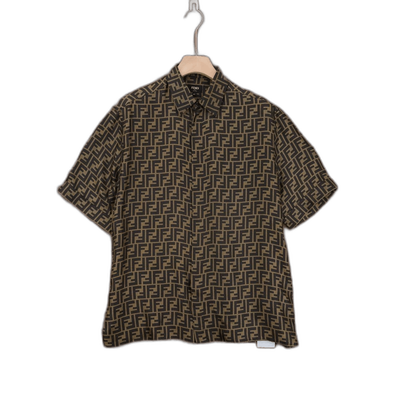 Fendi Brown Logo Silk Short Sleeve Shirt
