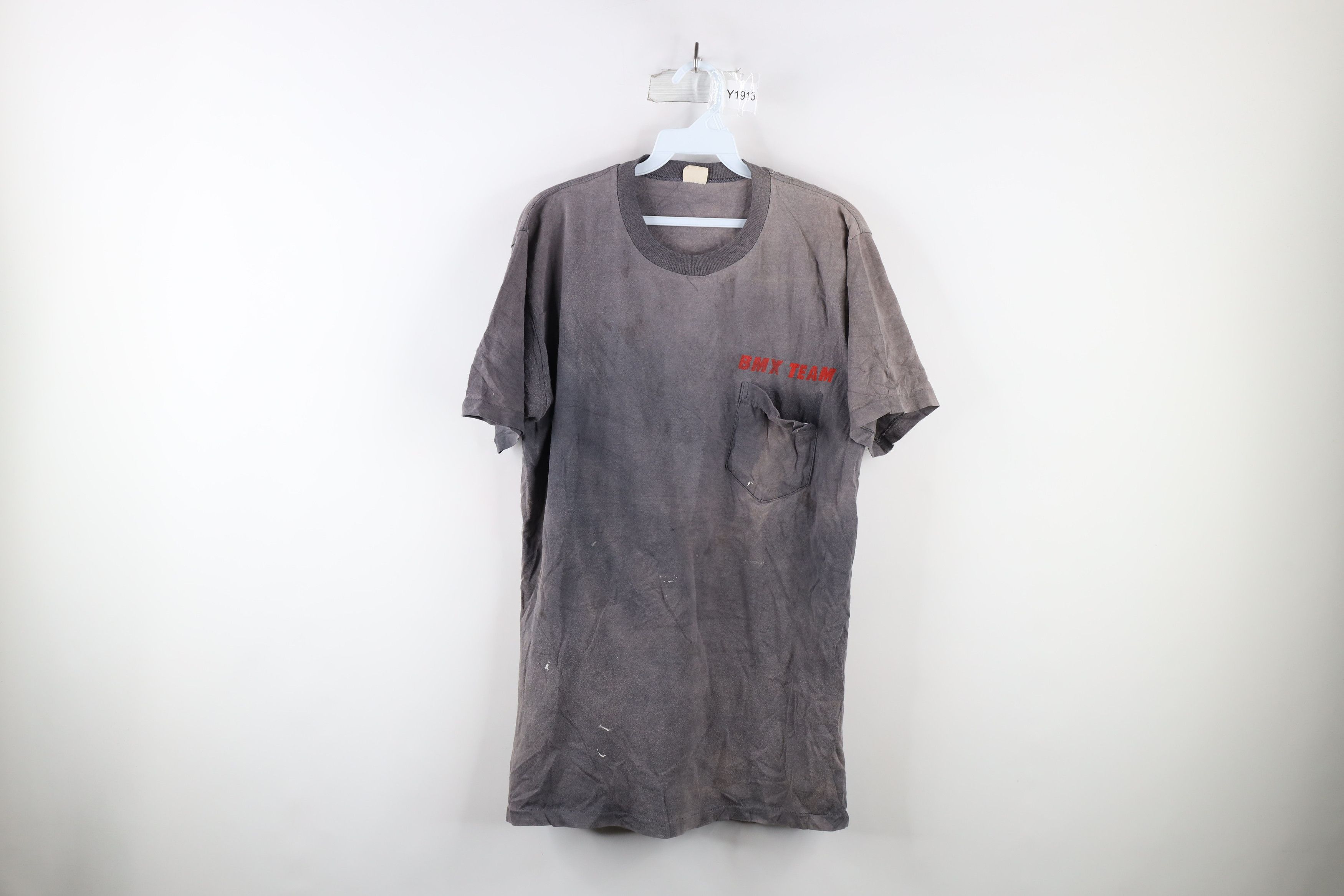 image of Vintage 70's Streetwear Spell Out Bmx Team Pocket T-Shirt Usa in Grey, Men's (Size XL)